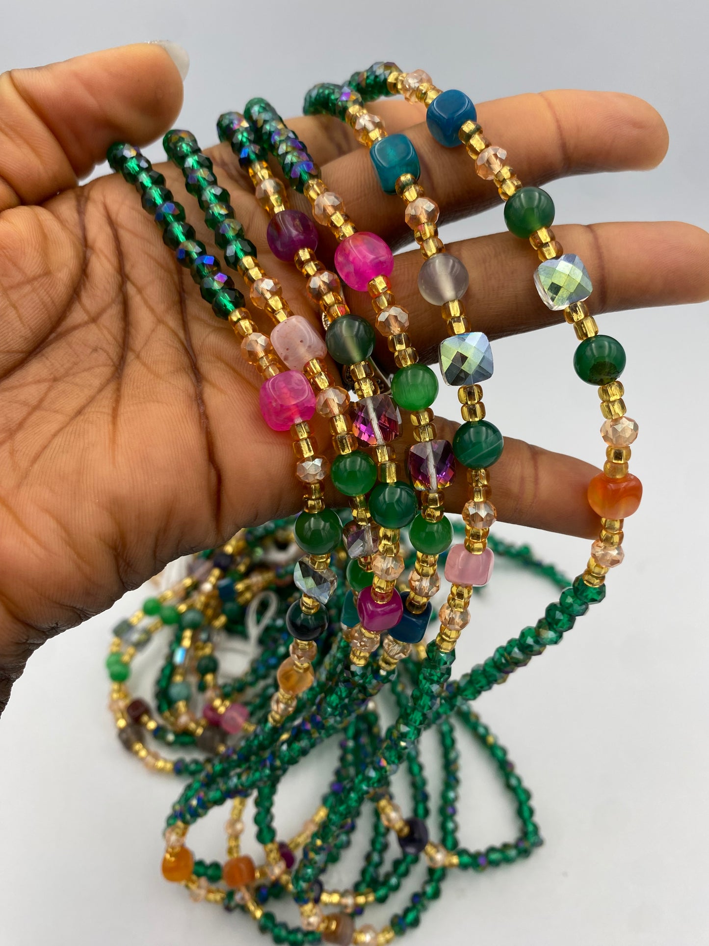 Green Crystal Waist Bead |  Waist Beads – Luxury Tie-On Beaded Jewelry | Crystal & Silver with Pink | Emerald Green | Body Adornment & Weight Tracking- 45–Inches