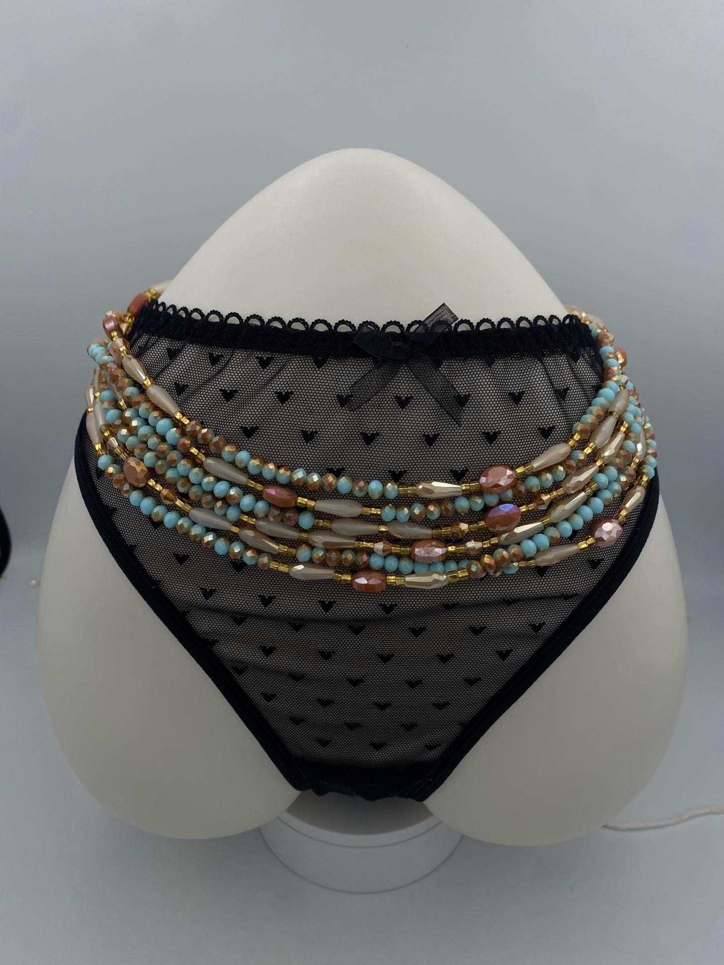 Ocean Dust Crystal Waist Beads – Handmade Tie-On Waist Bead Strand (45”–50”) | Aqua Blue, Gold & Opal Glass Beads for Women