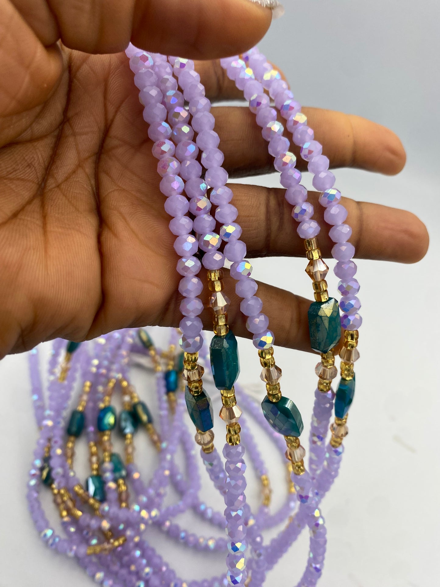 Abby | Lavender- Purple  & Emerald Green| Waist Bead Weightloss |  Waist Beads – Luxury Tie-On Beaded Jewelry | Crystal WaistBead  | Body Adornment & Weight Tracking- 45–Inches