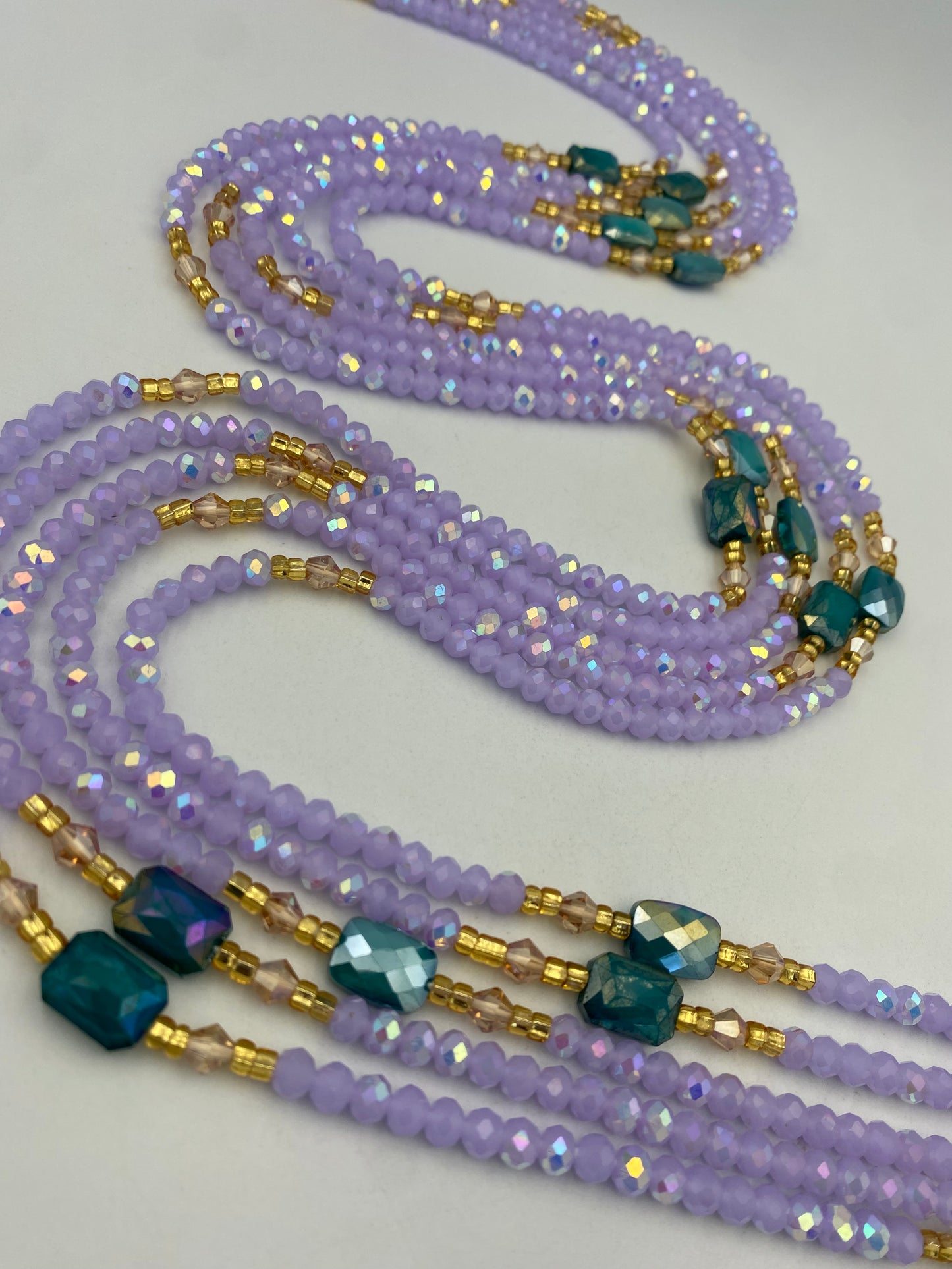 Abby | Lavender- Purple  & Emerald Green| Waist Bead Weightloss |  Waist Beads – Luxury Tie-On Beaded Jewelry | Crystal WaistBead  | Body Adornment & Weight Tracking- 45–Inches