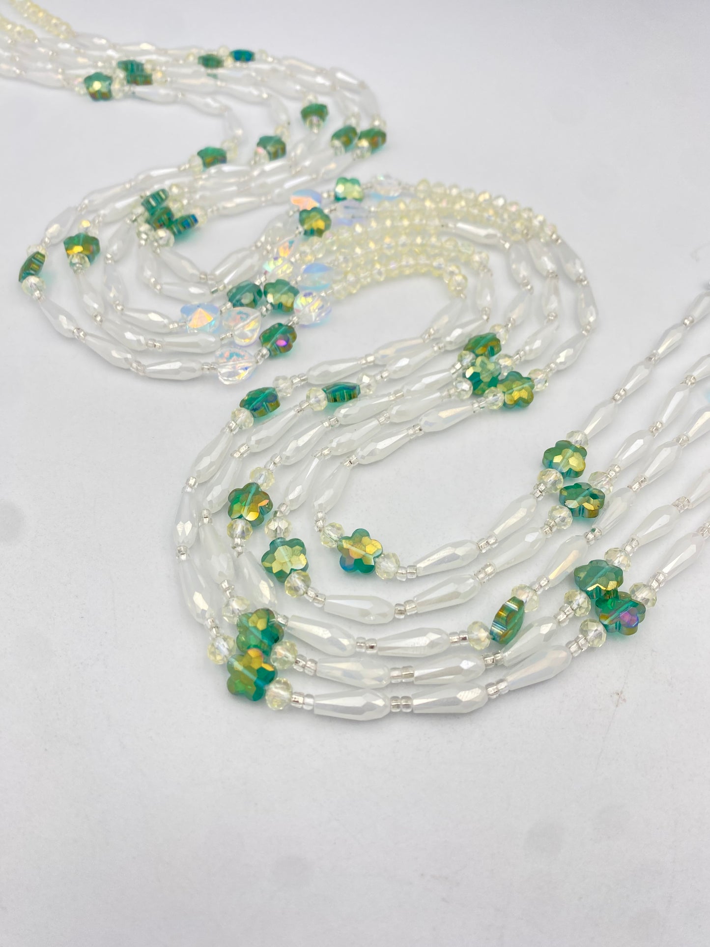 Emerald Pearl | Bridal | Waist Bead for the New Year |  Waist Beads – Luxury Tie-On Beaded Jewelry | Crystal White | Crystal & Silver with Pink | Body Adornment & Weight Tracking- 45–Inches