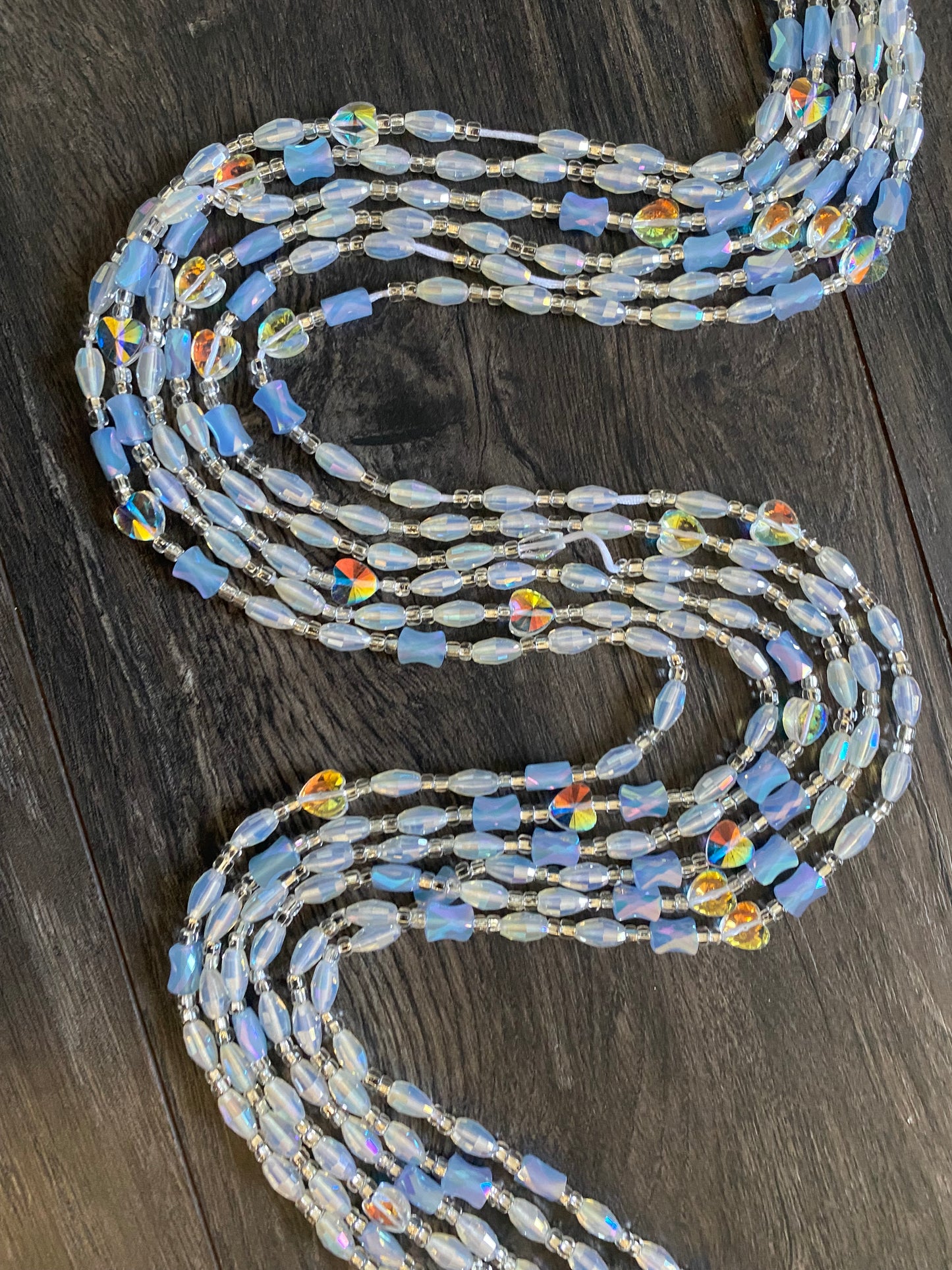 Cloud Mist | Waist Bead for the New Year |  Waist Beads – Luxury Tie-On Beaded Jewelry | Crystal & Silver with Blue | Body Adornment & Weight Tracking- PRice per WaistBead | 45–Inches