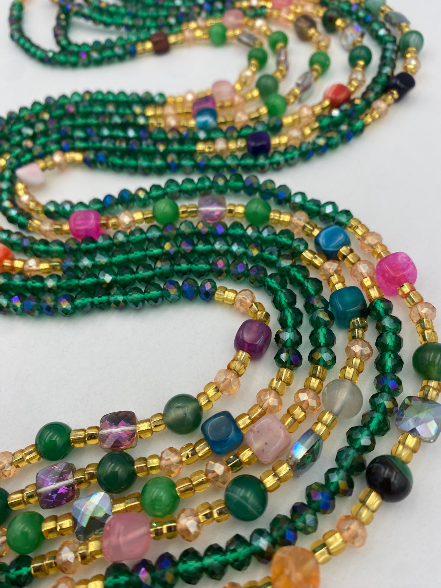 Green Crystal Waist Bead |  Waist Beads – Luxury Tie-On Beaded Jewelry | Crystal & Silver with Pink | Emerald Green | Body Adornment & Weight Tracking- 45–Inches