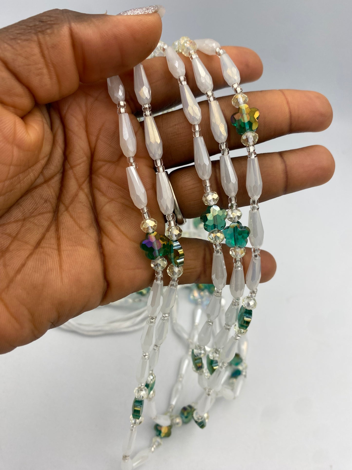 Emerald Pearl | Bridal | Waist Bead for the New Year |  Waist Beads – Luxury Tie-On Beaded Jewelry | Crystal White | Crystal & Silver with Pink | Body Adornment & Weight Tracking- 45–Inches