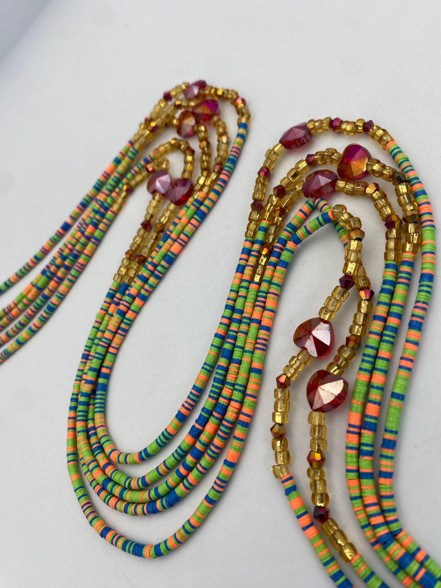 Multicolored | Green Vinyl Flat Disc Waist Bead | Clay Beads African Waist Beads | Adjustable Tie-On 45”–50”