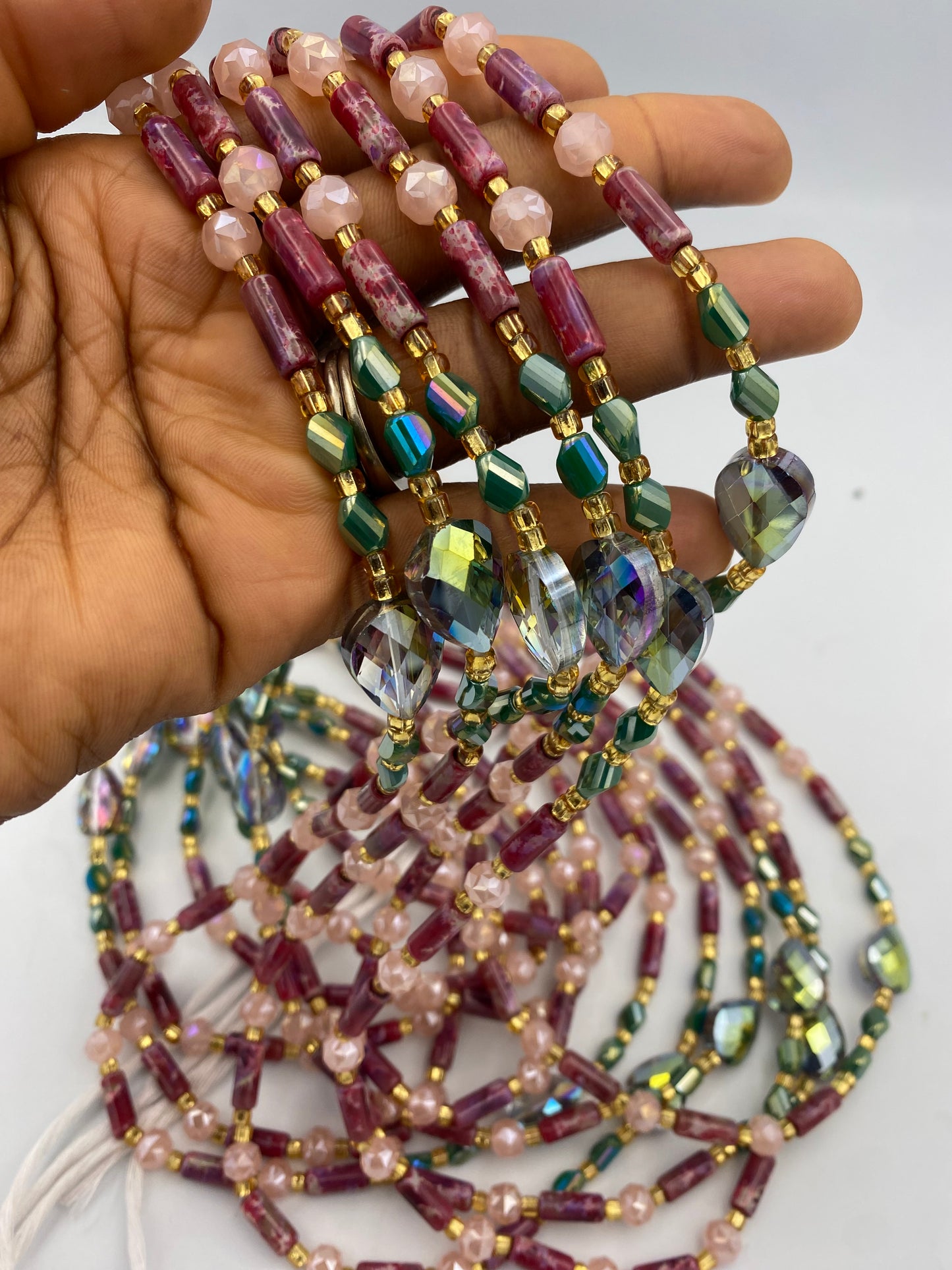 Ruby Rain | Waist Bead for the New Year |  Waist Beads – Luxury Tie-On Beaded Jewelry | Deep Red Emerald Green Pink & Gold | Crystal Waist Bead | Body Adornment & Weight Tracking- 45–Inches