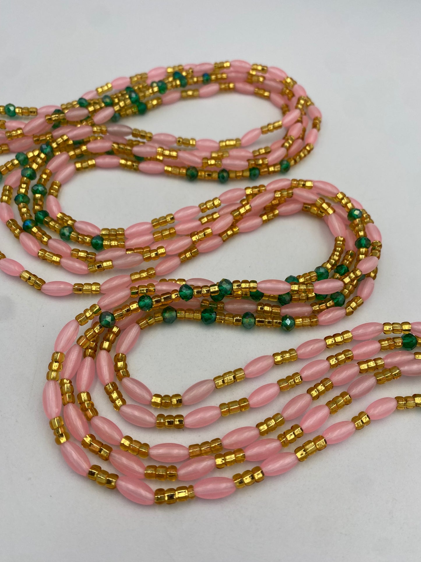 Pink Gold & Green Glow in the Dark Tie-On Waist Beads (45”-50”)