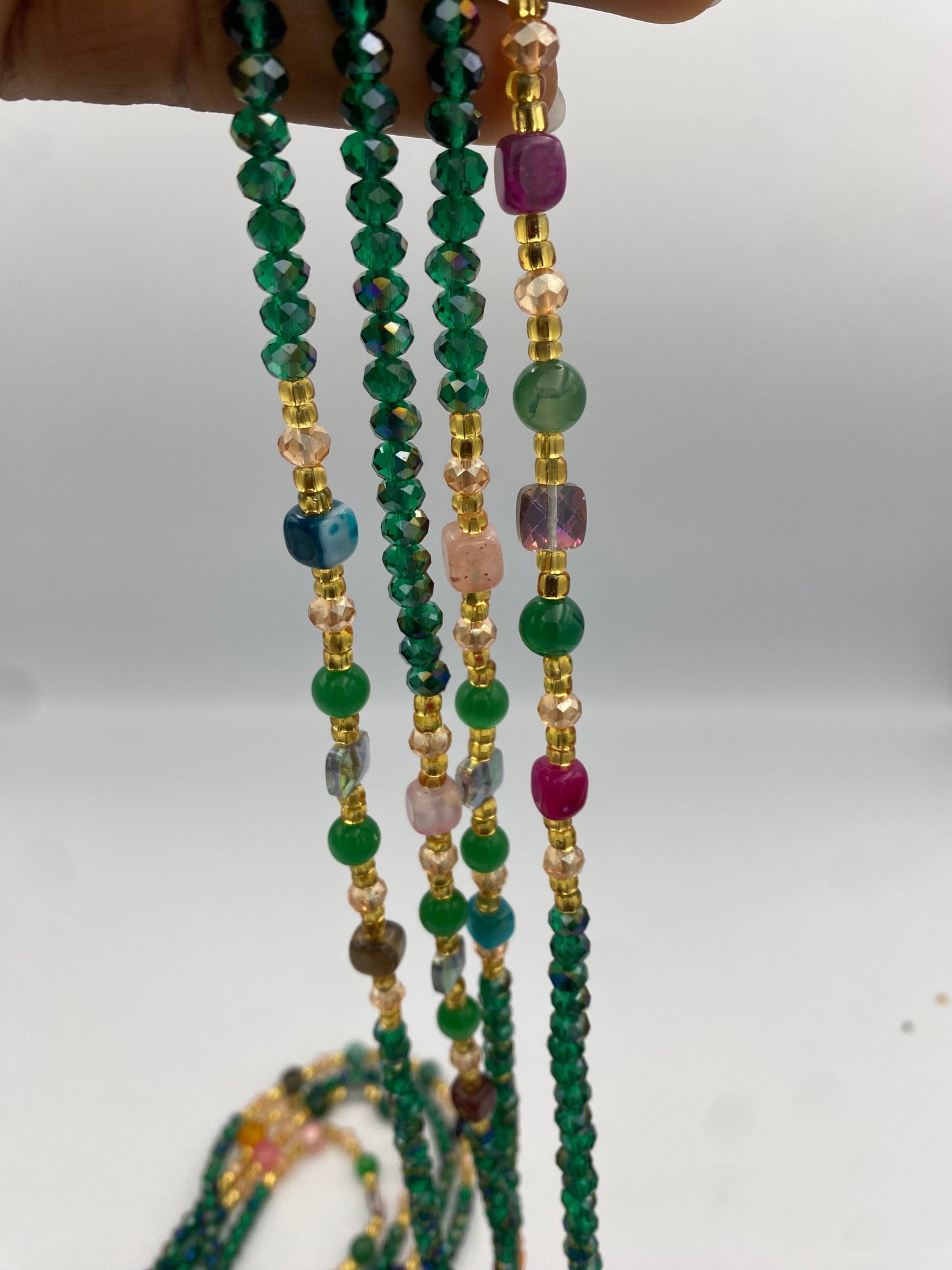 Green Crystal Waist Bead |  Waist Beads – Luxury Tie-On Beaded Jewelry | Crystal & Silver with Pink | Emerald Green | Body Adornment & Weight Tracking- 45–Inches