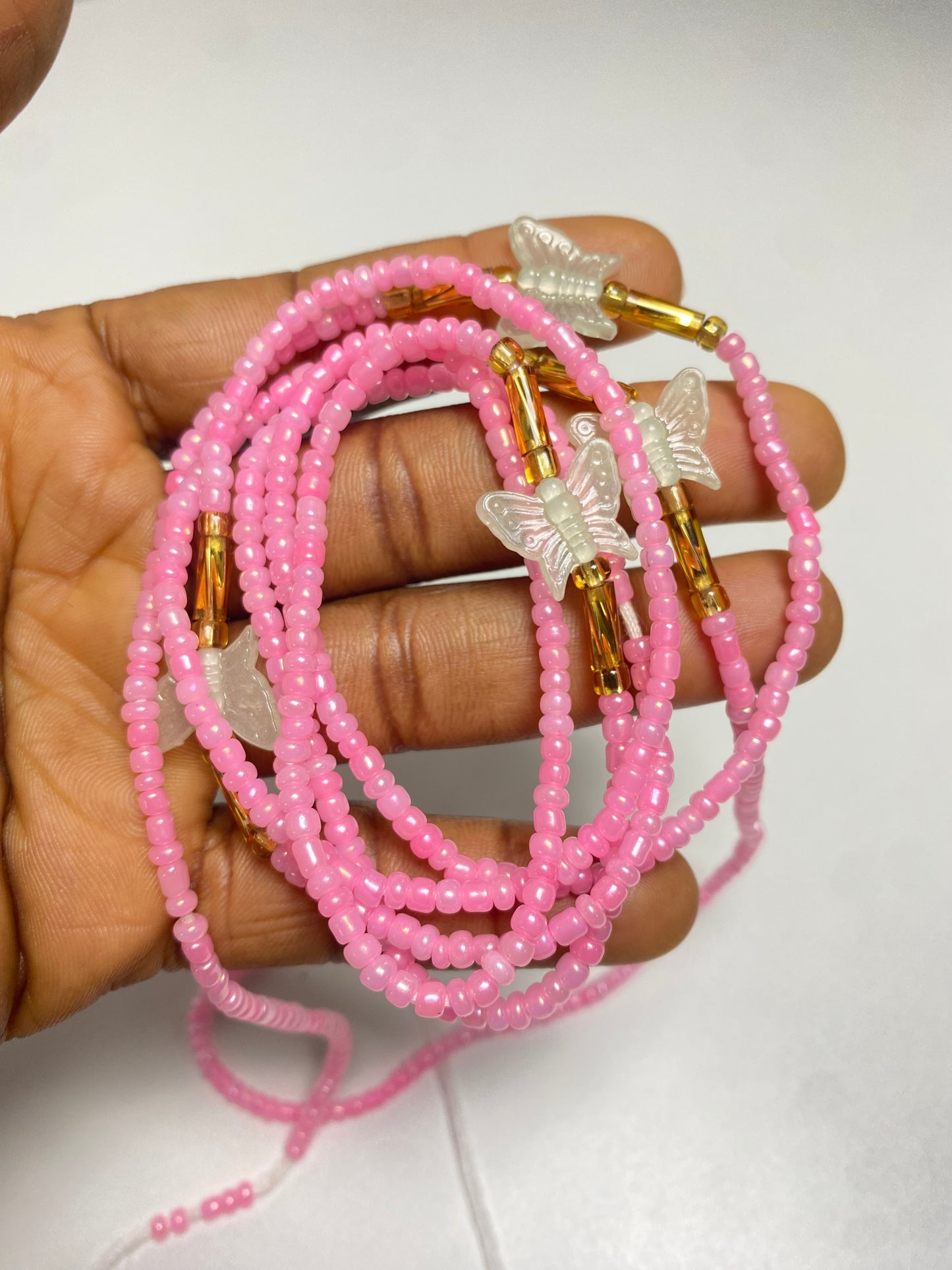 Pink Waistbeads With Glow in the Dark Butterflies Waist Beads- Tie on 45"-50