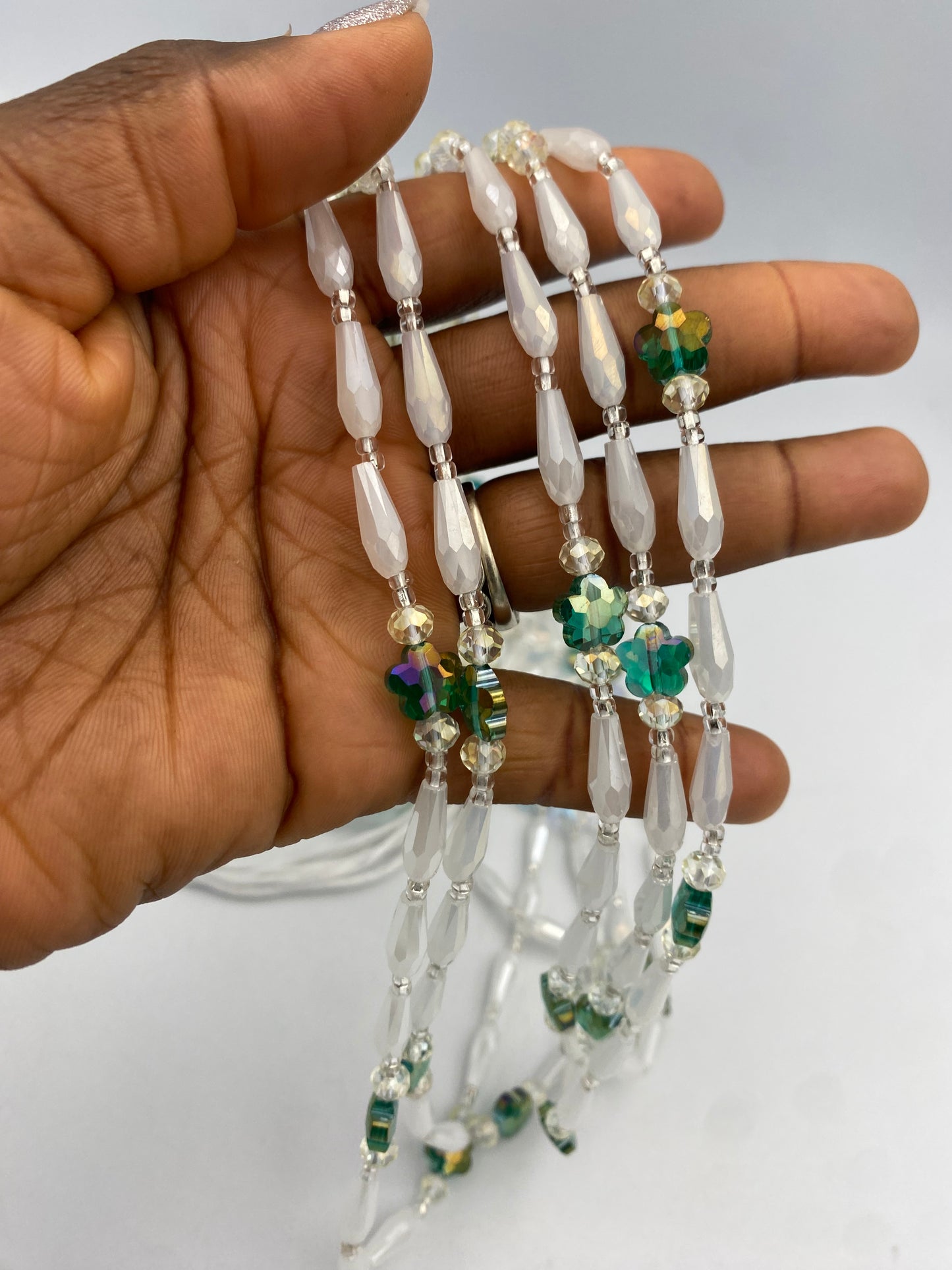 Emerald Pearl | Bridal | Waist Bead for the New Year |  Waist Beads – Luxury Tie-On Beaded Jewelry | Crystal White | Crystal & Silver with Pink | Body Adornment & Weight Tracking- 45–Inches