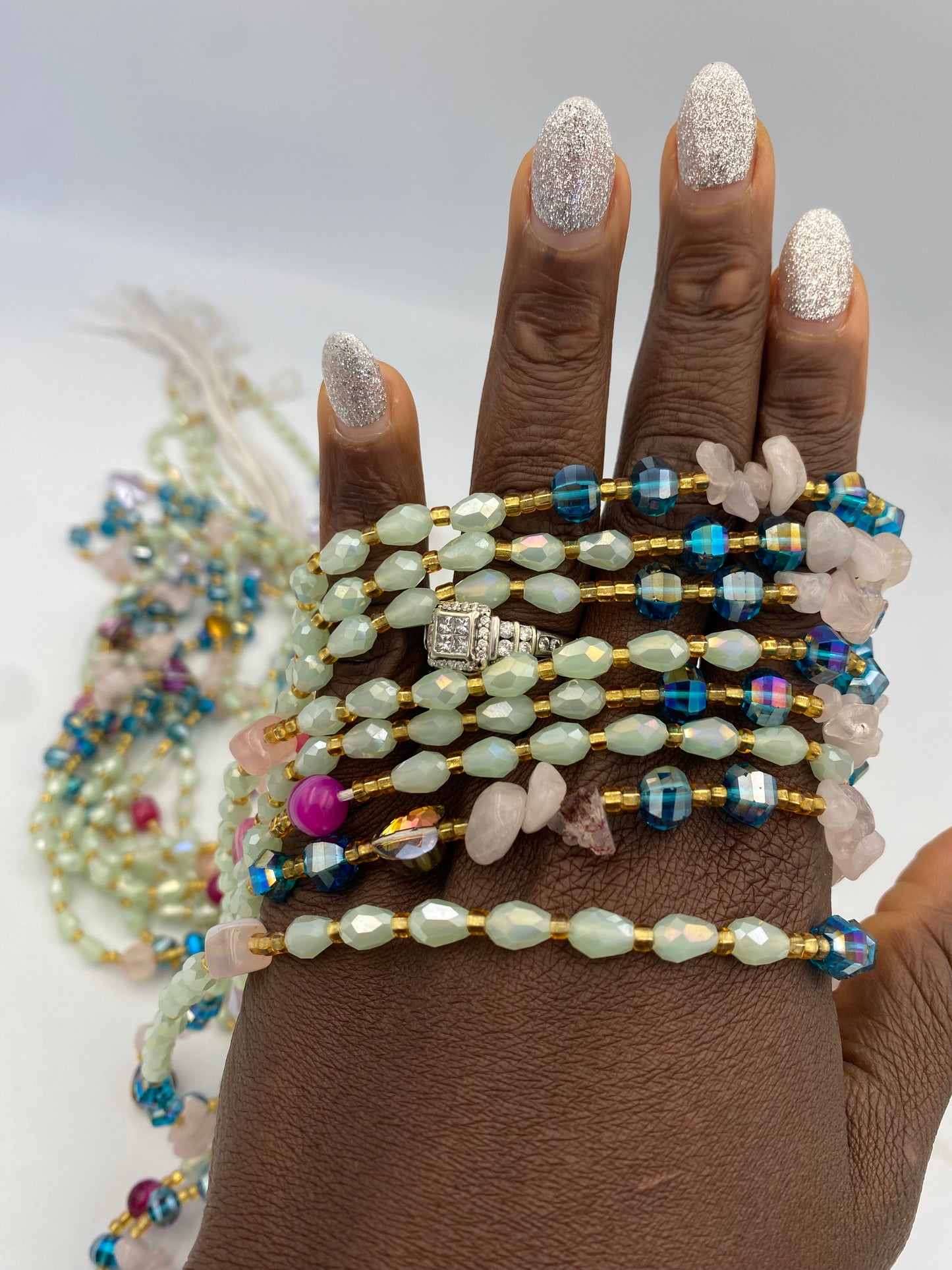 Amariah Luxury Tie-On Waist Beads 45-50 Inches | Gemstone-Inspired Waist Beads in Mint Green, Rose Quartz & Jewel Tones | Soft Feminine Jewelry