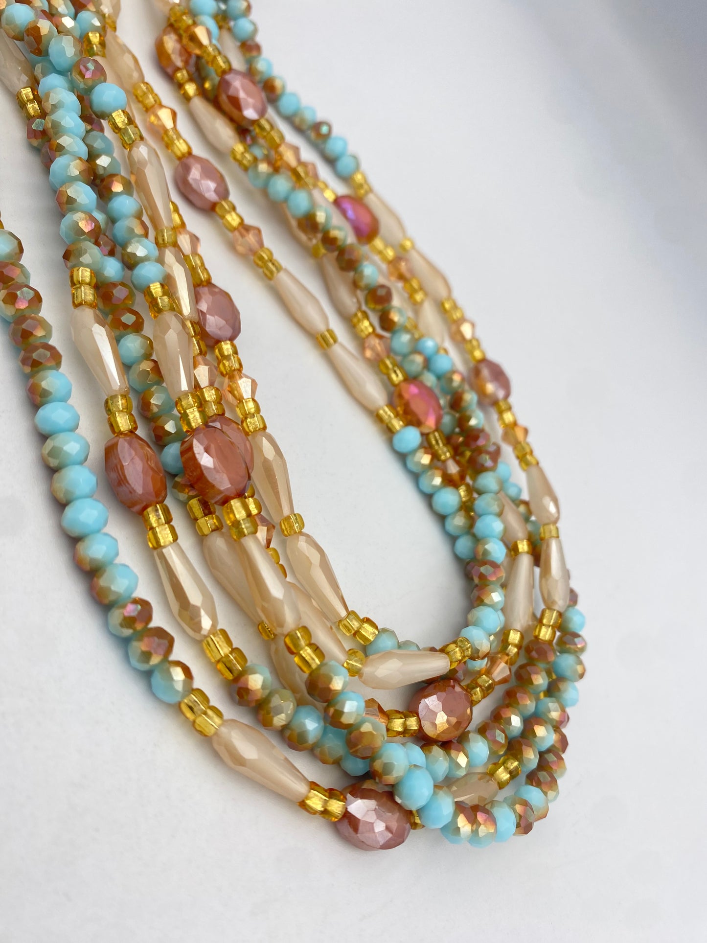 Ocean Dust Crystal Waist Beads – Handmade Tie-On Waist Bead Strand (45”–50”) | Aqua Blue, Gold & Opal Glass Beads for Women