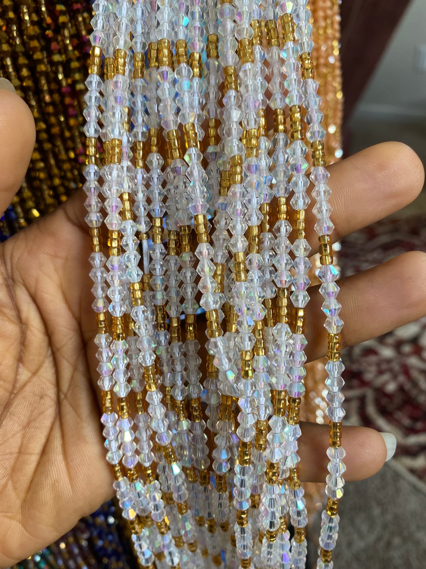 Wholesale Crystal Waist Beads, Bicones, Mini crystal Waistbeads- Tie On 40”-50”