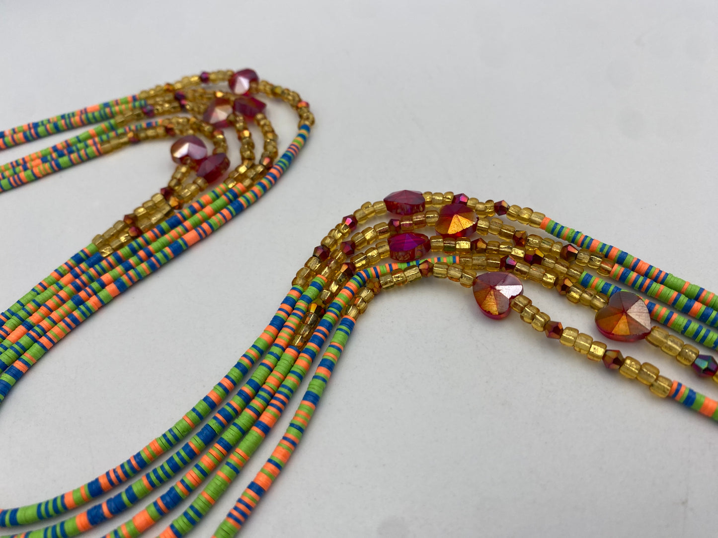 Multicolored | Green Vinyl Flat Disc Waist Bead | Clay Beads African Waist Beads | Adjustable Tie-On 45”–50”