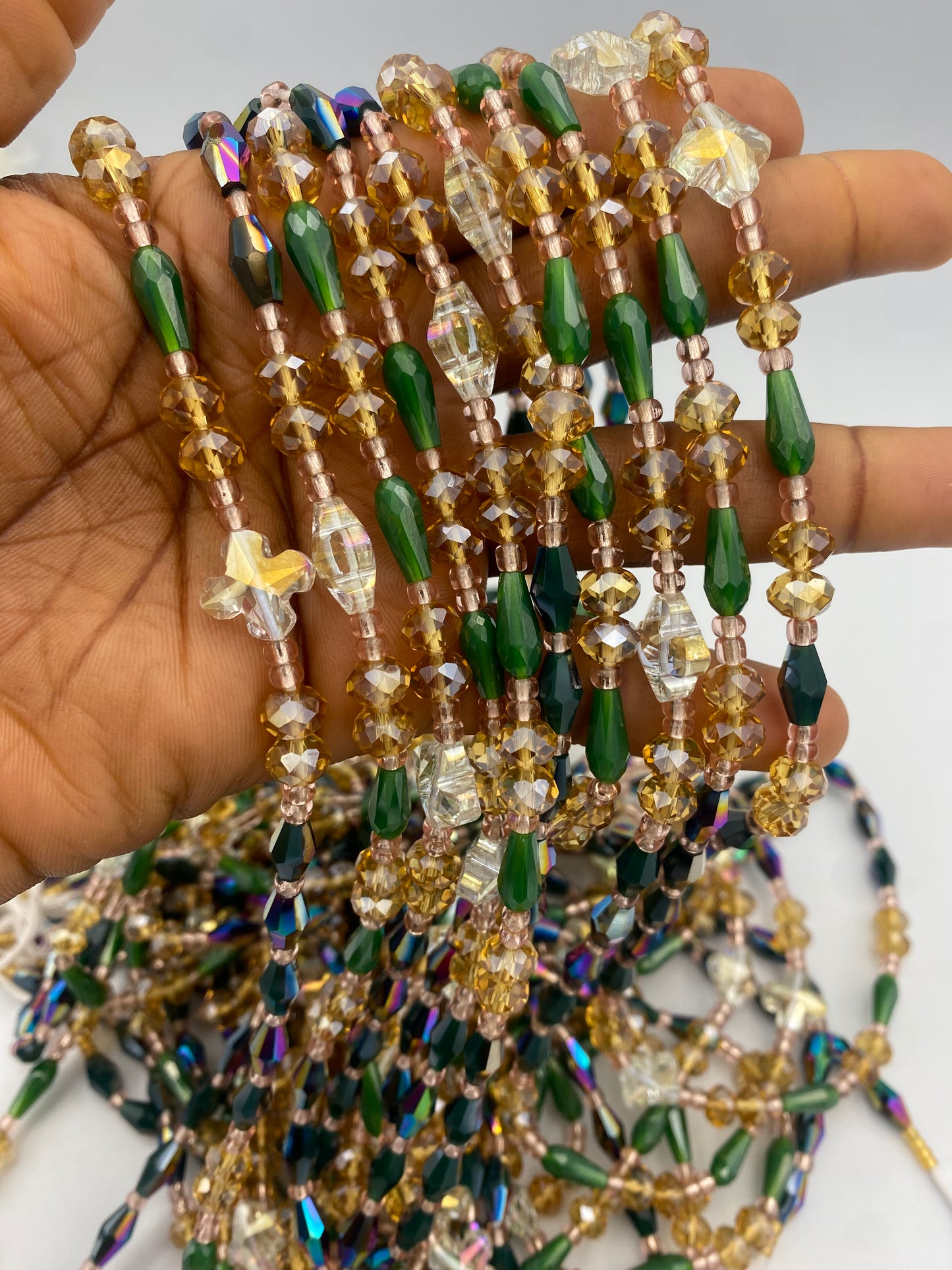 Sena Luxury Waist Beads Tie-On 45-50 Inches | Emerald Green, Gold & Crystal Waist Beads | Regal Handmade Waist Jewelry for Women