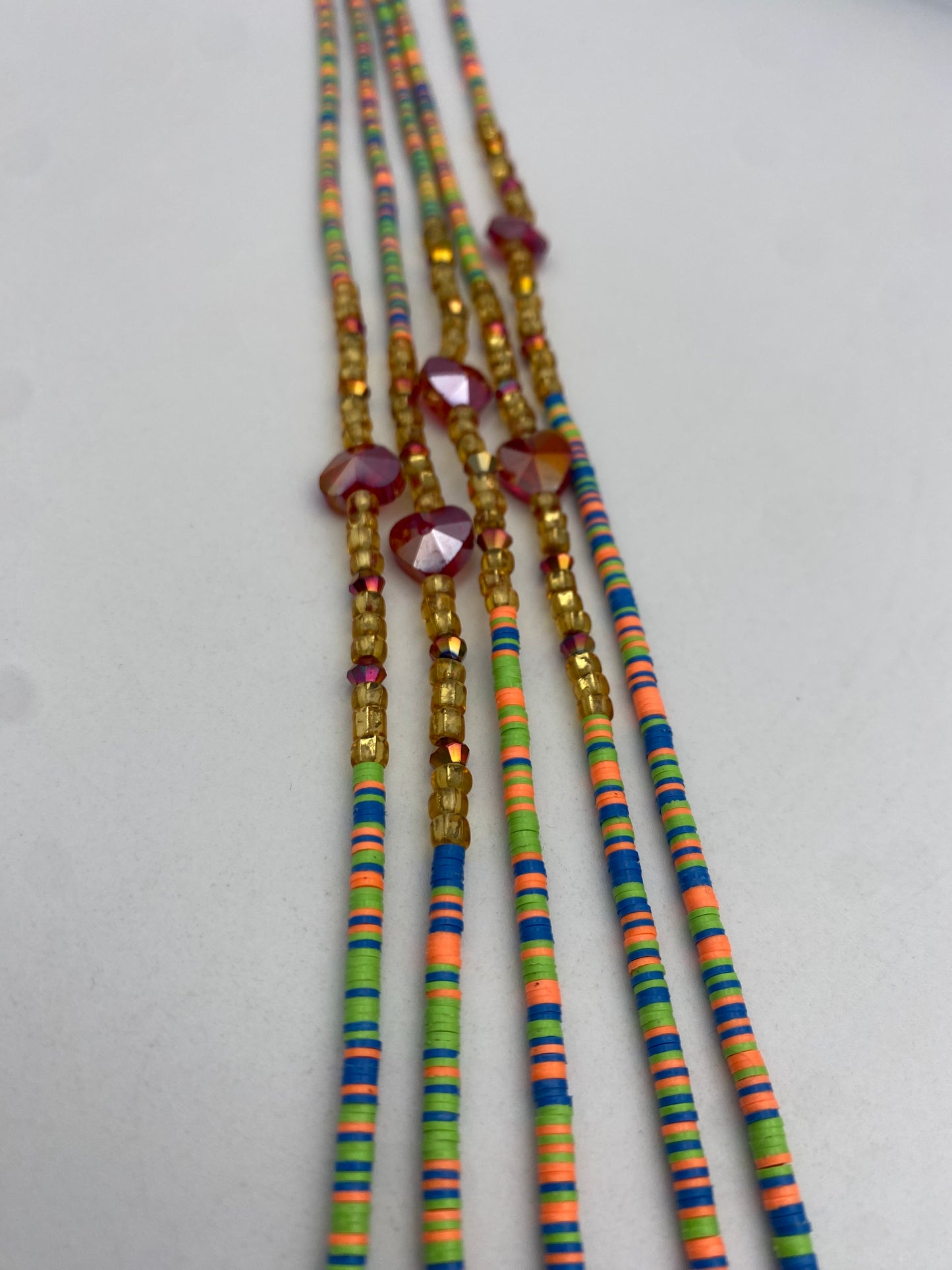Multicolored | Green Vinyl Flat Disc Waist Bead | Clay Beads African Waist Beads | Adjustable Tie-On 45”–50”