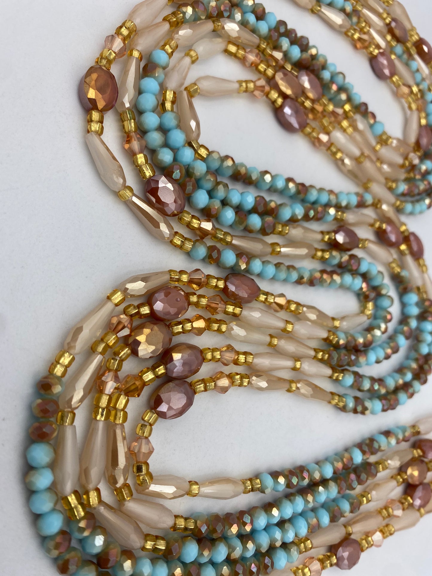 Ocean Dust Crystal Waist Beads – Handmade Tie-On Waist Bead Strand (45”–50”) | Aqua Blue, Gold & Opal Glass Beads for Women