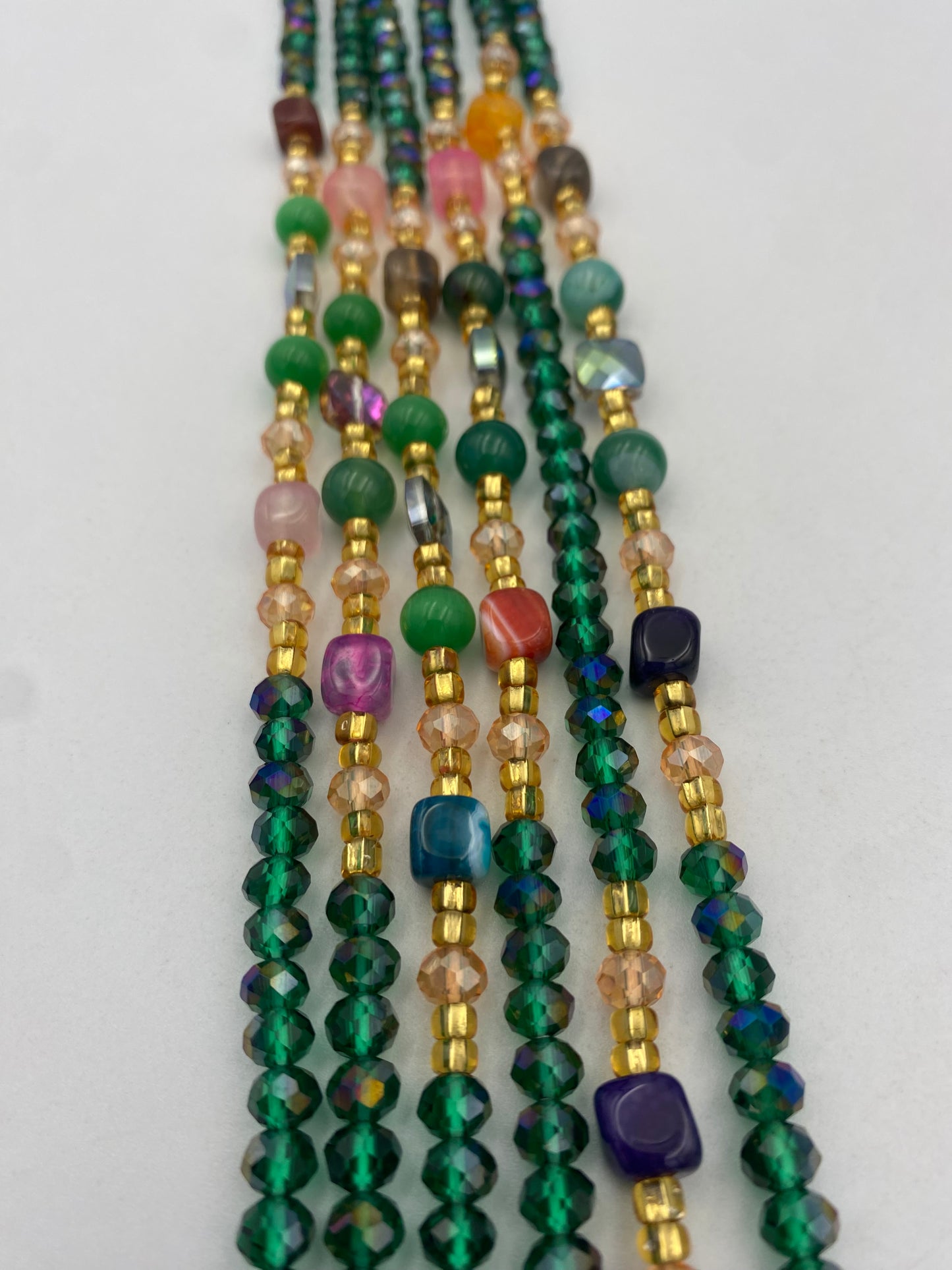 Green Crystal Waist Bead |  Waist Beads – Luxury Tie-On Beaded Jewelry | Crystal & Silver with Pink | Emerald Green | Body Adornment & Weight Tracking- 45–Inches