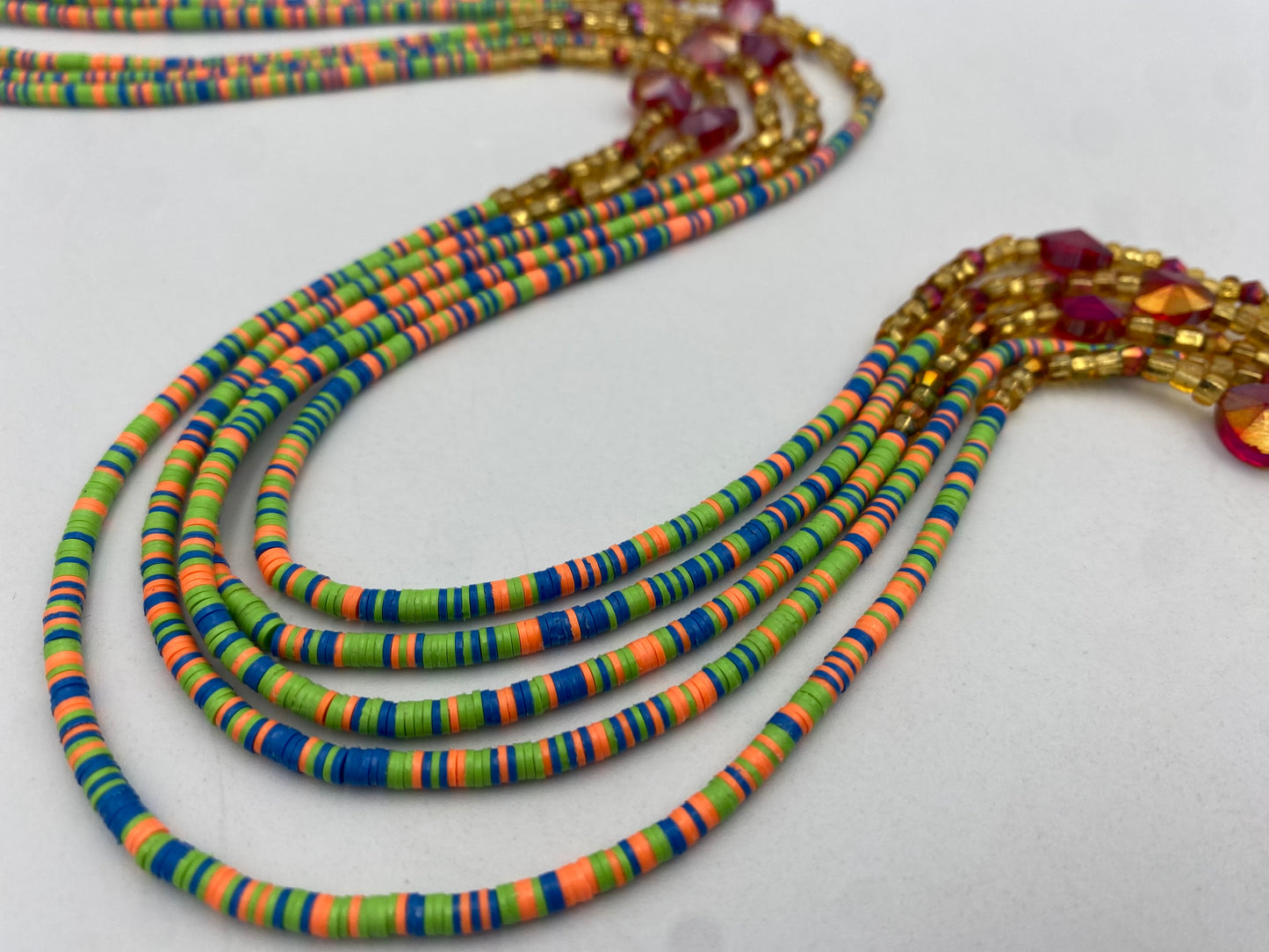 Multicolored | Green Vinyl Flat Disc Waist Bead | Clay Beads African Waist Beads | Adjustable Tie-On 45”–50”