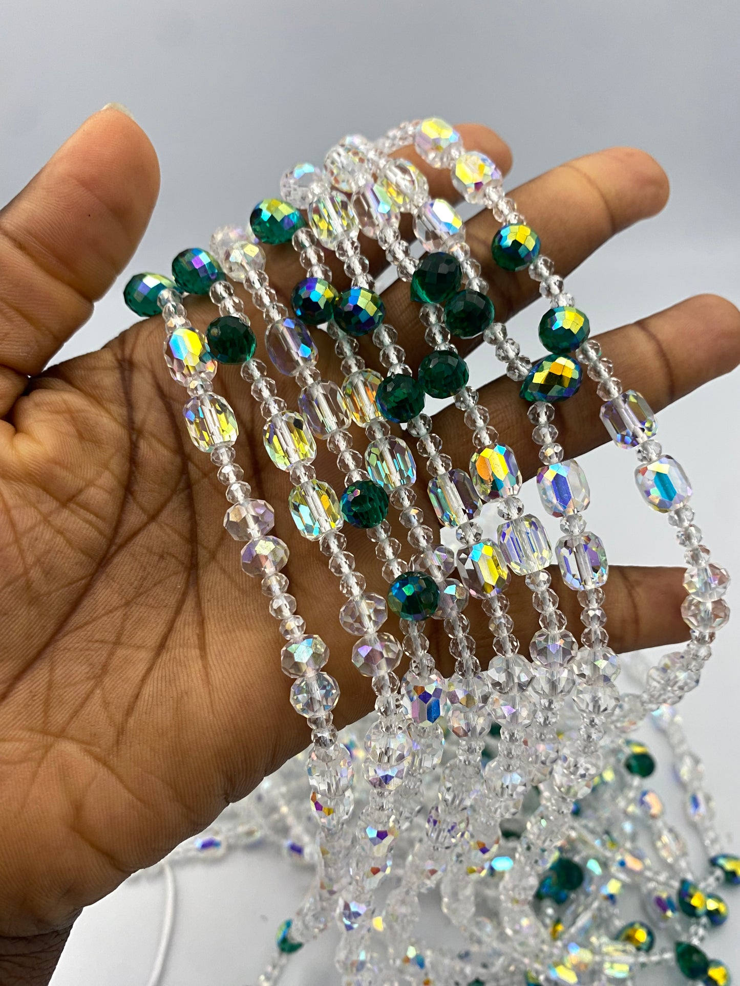 Emerald Snowflakes Waist Beads – Luxury Tie-On Beaded Jewelry (45–50 Inches) | Crystal & Emerald Green Beads | Body Adornment & Weight Tracking