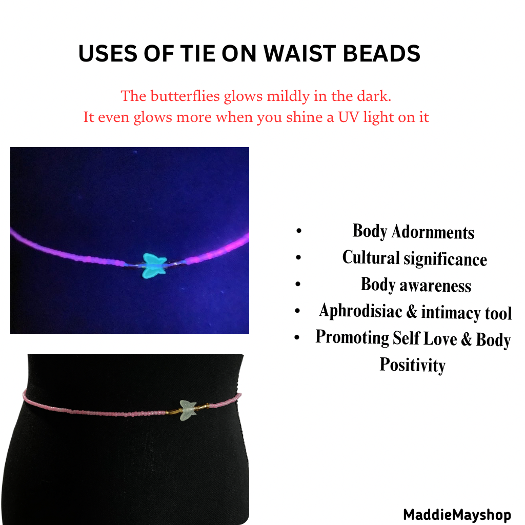 Pink Waistbeads With Glow in the Dark Butterflies Waist Beads- Tie on 45"-50