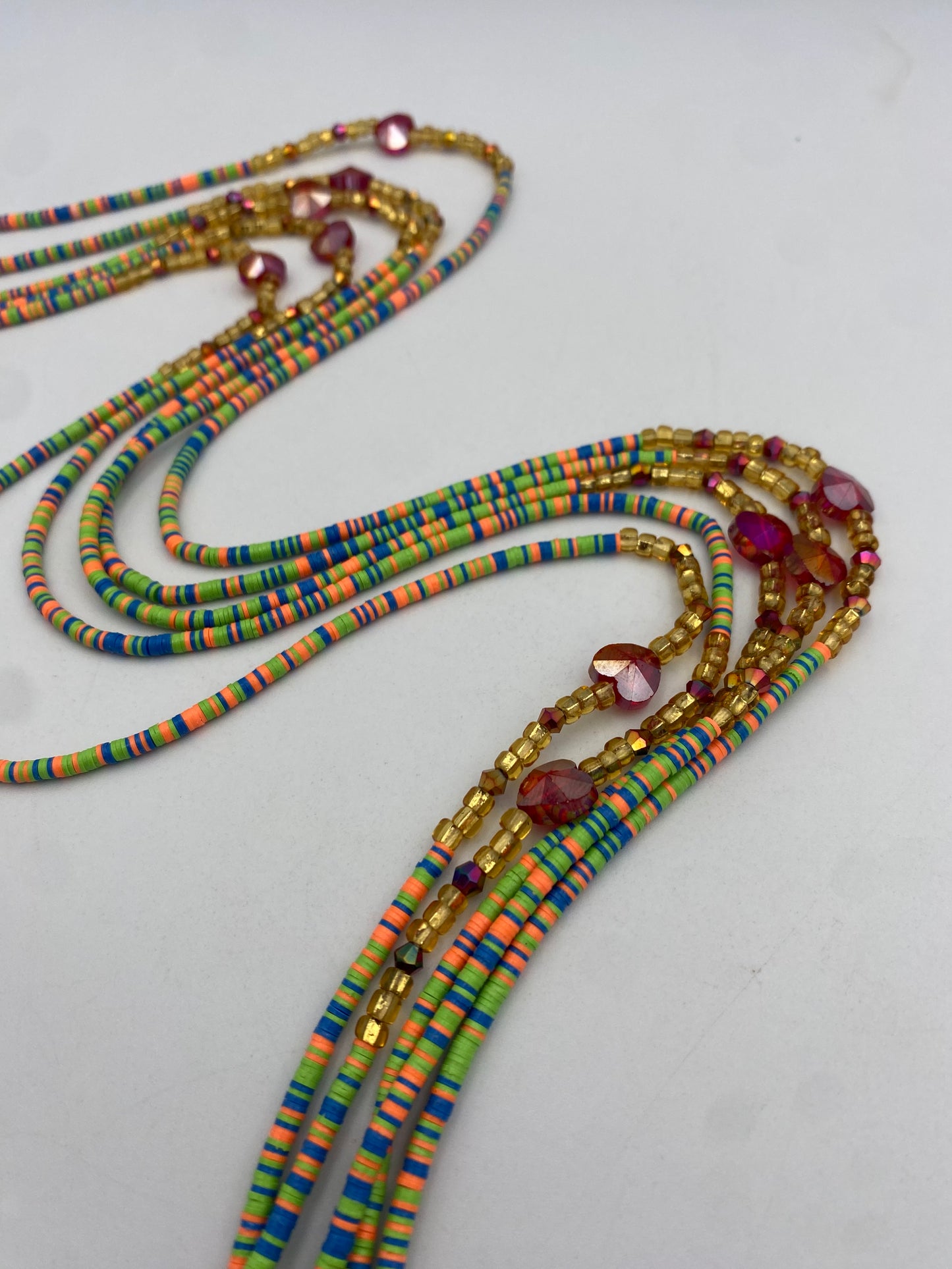 Multicolored | Green Vinyl Flat Disc Waist Bead | Clay Beads African Waist Beads | Adjustable Tie-On 45”–50”