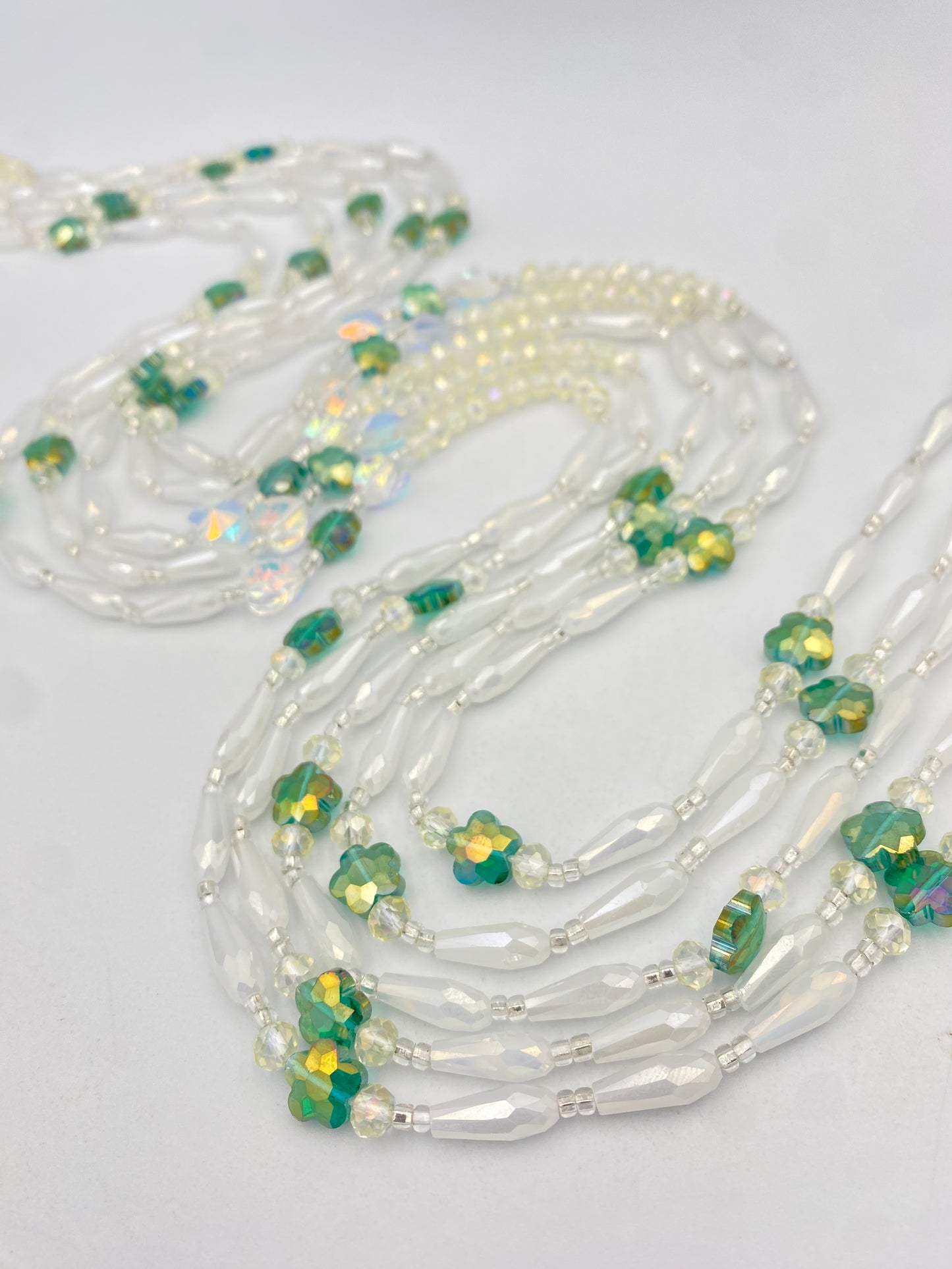 Emerald Pearl | Bridal | Waist Bead for the New Year |  Waist Beads – Luxury Tie-On Beaded Jewelry | Crystal White | Crystal & Silver with Pink | Body Adornment & Weight Tracking- 45–Inches