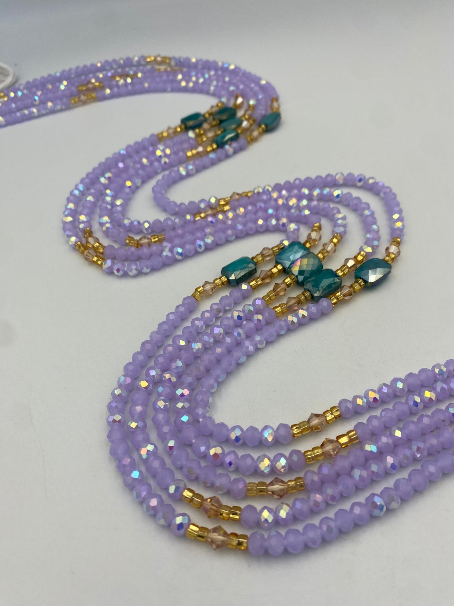 Abby | Lavender- Purple  & Emerald Green| Waist Bead Weightloss |  Waist Beads – Luxury Tie-On Beaded Jewelry | Crystal WaistBead  | Body Adornment & Weight Tracking- 45–Inches