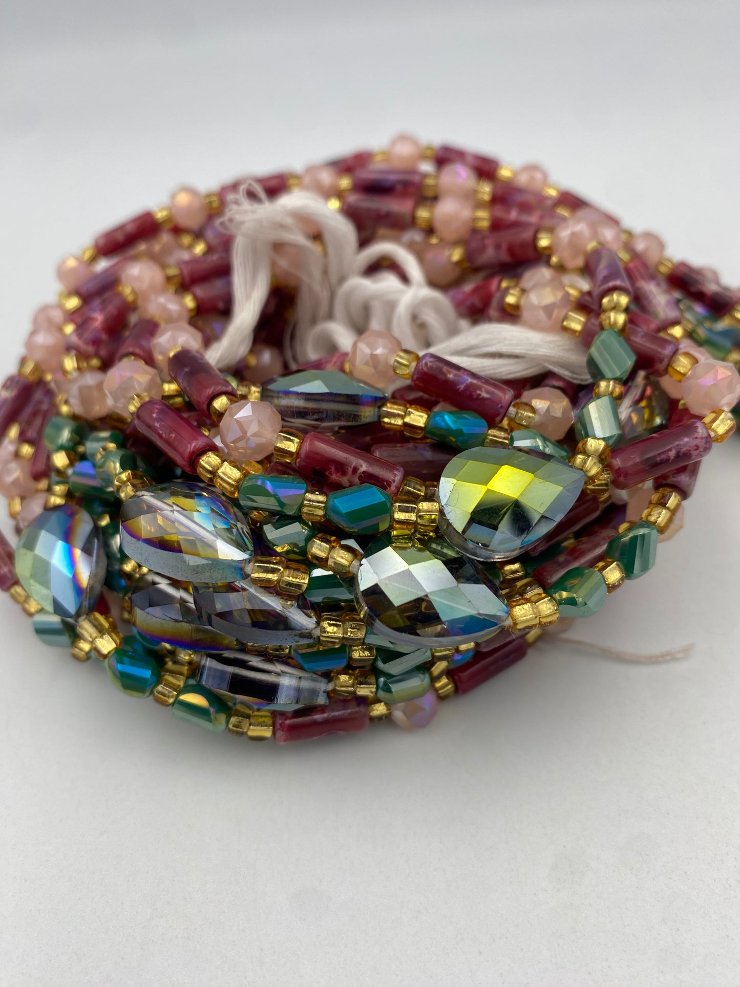 Ruby Rain | Waist Bead for the New Year |  Waist Beads – Luxury Tie-On Beaded Jewelry | Deep Red Emerald Green Pink & Gold | Crystal Waist Bead | Body Adornment & Weight Tracking- 45–Inches