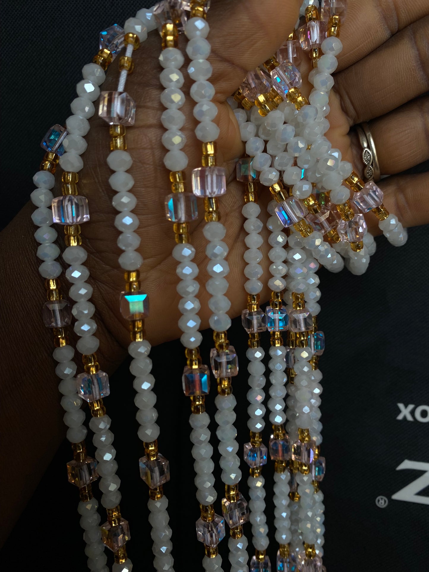 Hope- White & soft pink crystal WaistBead | Luxury Crystal Waist Bead | Tie On | 45”