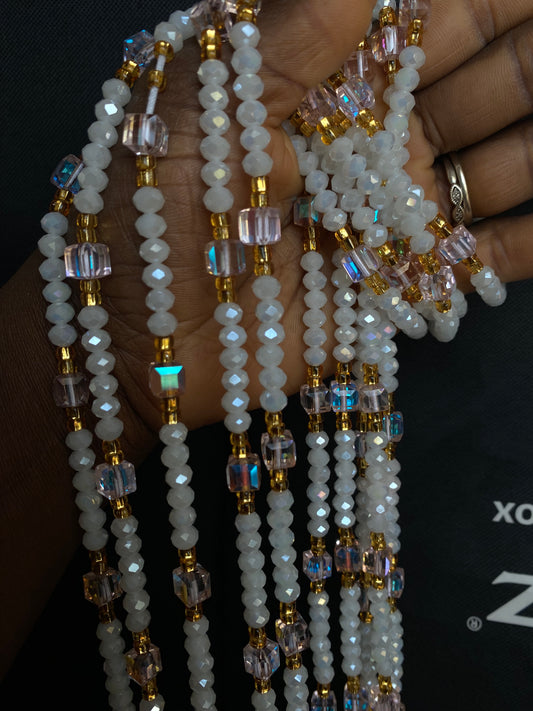 Hope- White & soft pink crystal WaistBead | Luxury Crystal Waist Bead | Tie On | 45”