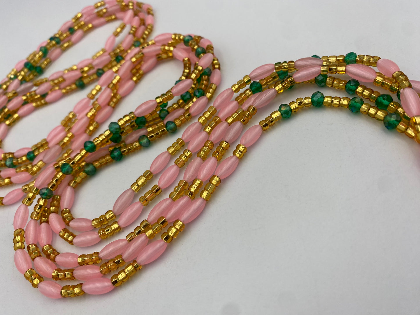 Pink Gold & Green Glow in the Dark Tie-On Waist Beads (45”-50”)