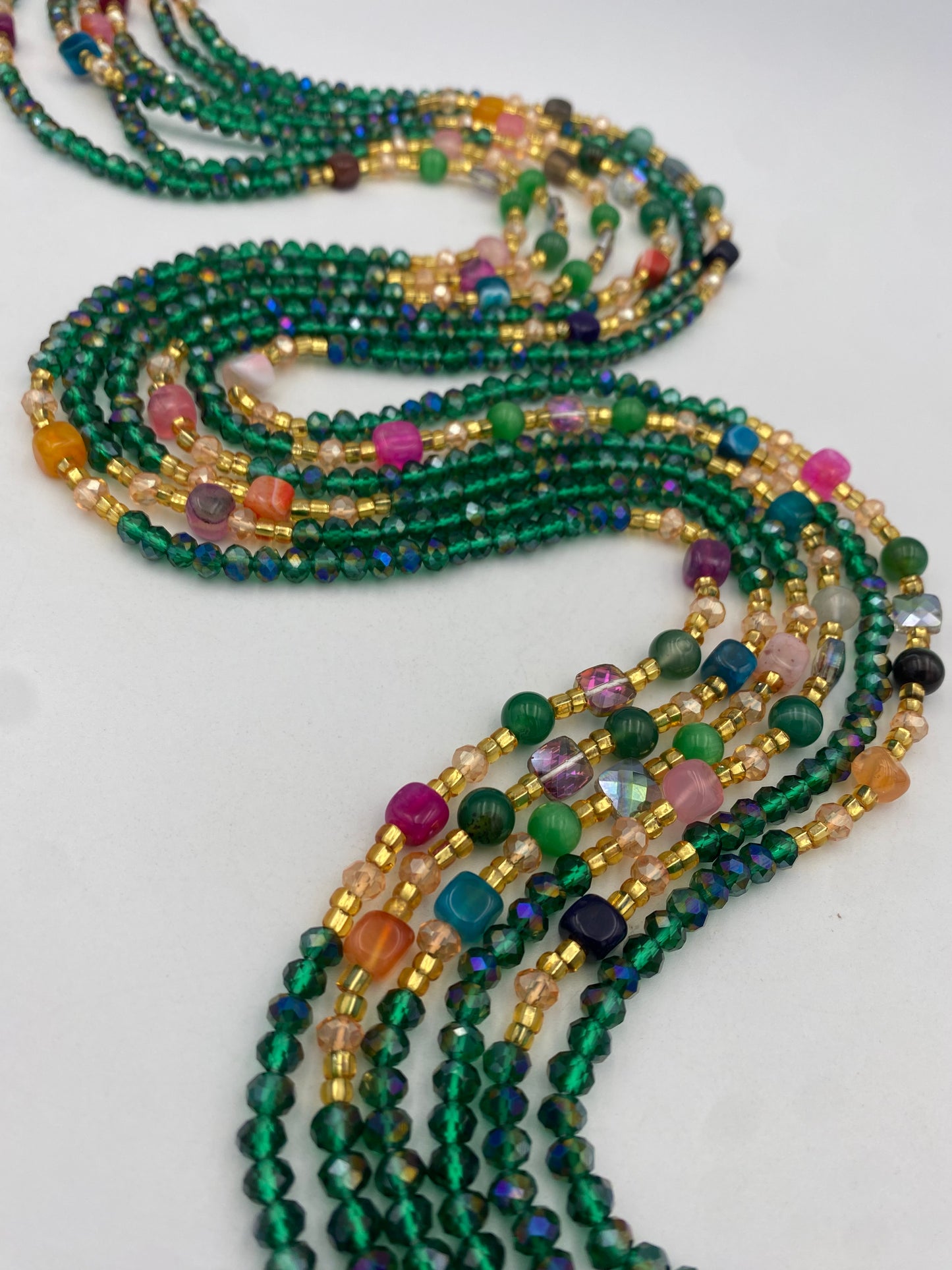 Green Crystal Waist Bead |  Waist Beads – Luxury Tie-On Beaded Jewelry | Crystal & Silver with Pink | Emerald Green | Body Adornment & Weight Tracking- 45–Inches