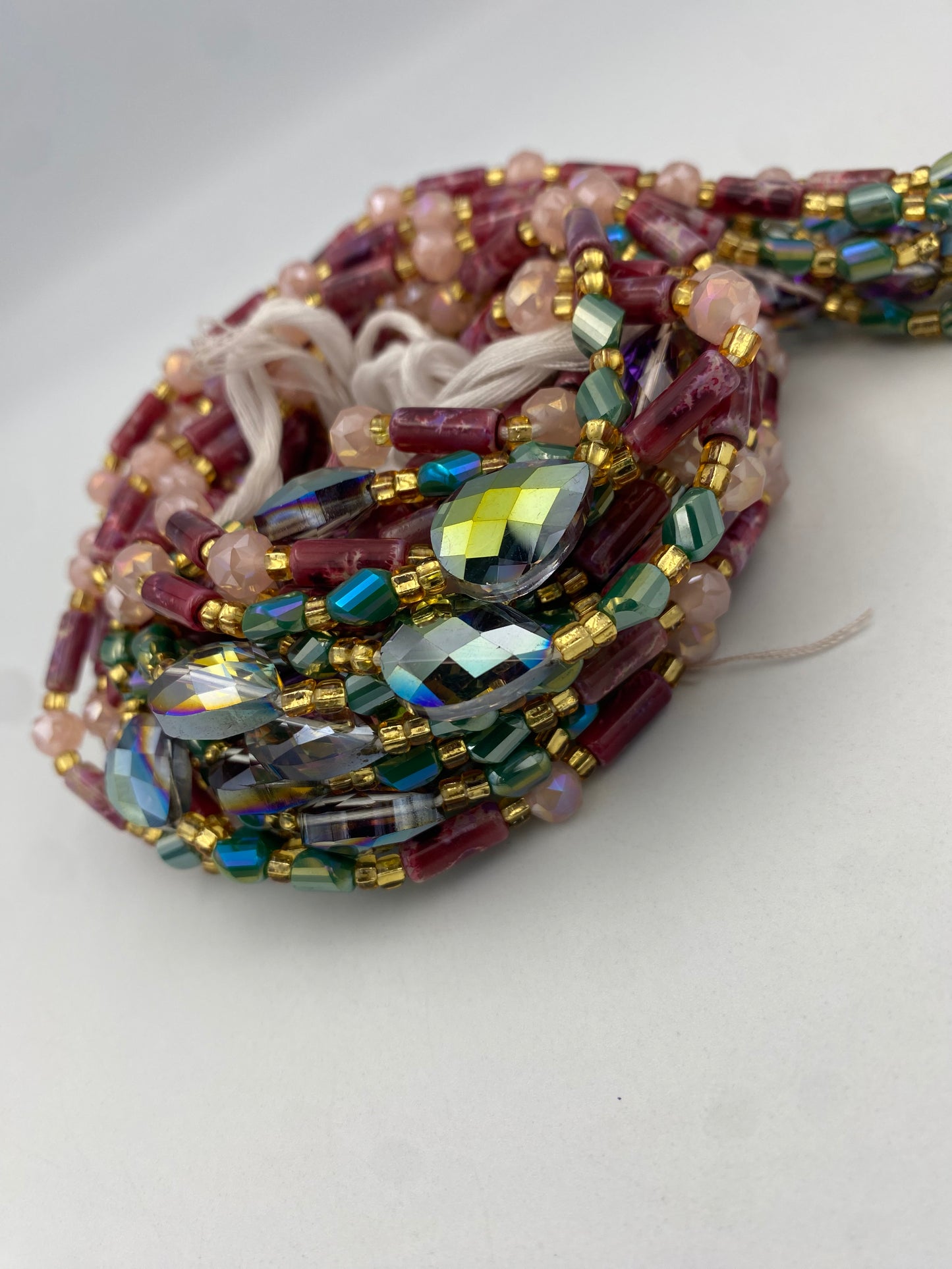 Ruby Rain | Waist Bead for the New Year |  Waist Beads – Luxury Tie-On Beaded Jewelry | Deep Red Emerald Green Pink & Gold | Crystal Waist Bead | Body Adornment & Weight Tracking- 45–Inches