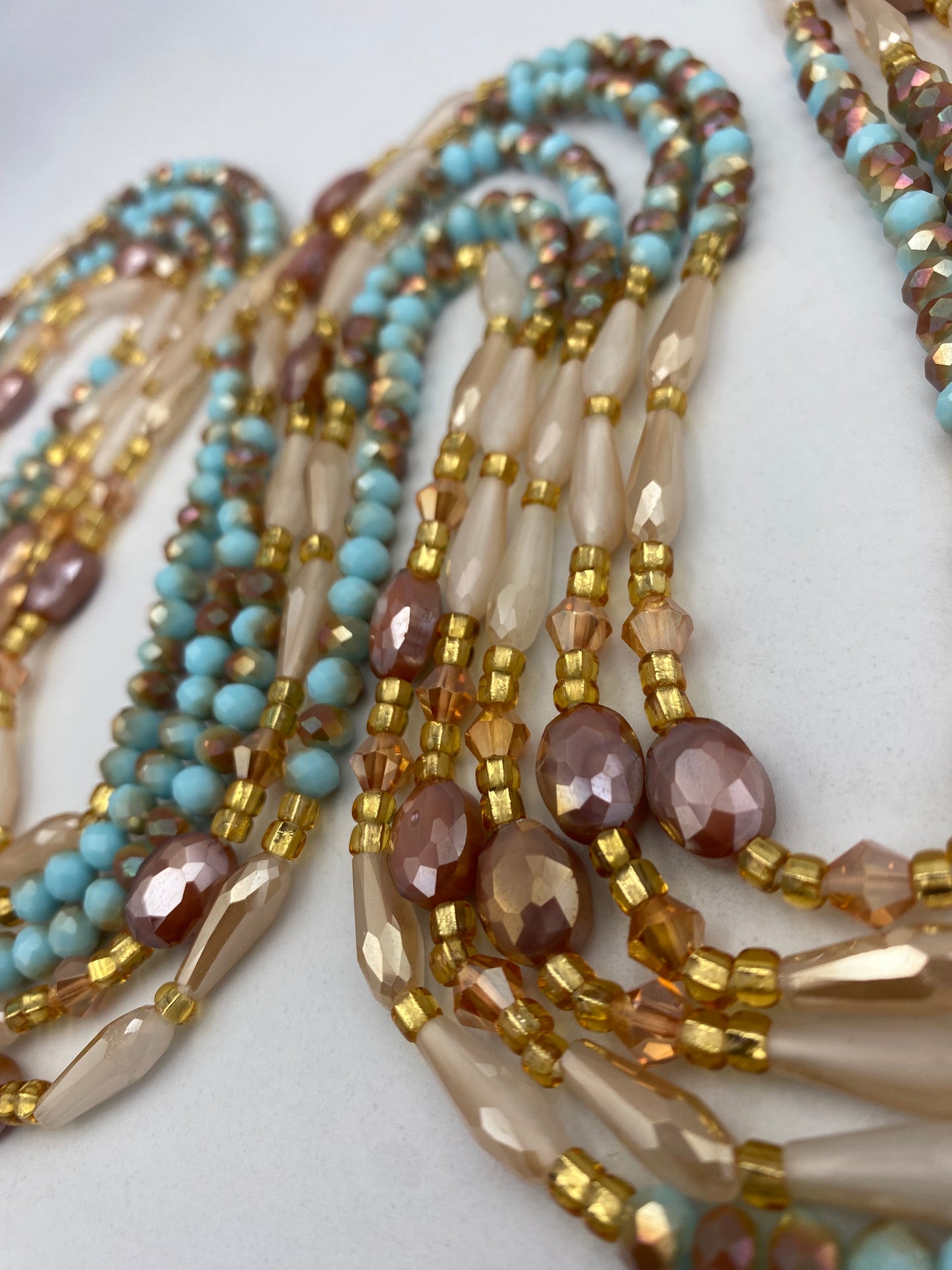 Ocean Dust Crystal Waist Beads – Handmade Tie-On Waist Bead Strand (45”–50”) | Aqua Blue, Gold & Opal Glass Beads for Women