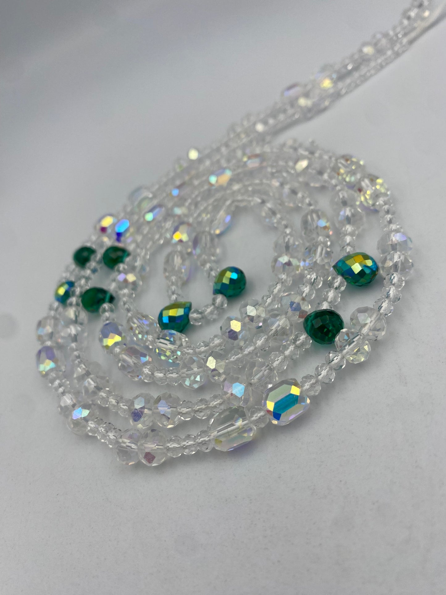 Emerald Snowflakes Waist Beads – Luxury Tie-On Beaded Jewelry (45–50 Inches) | Crystal & Emerald Green Beads | Body Adornment & Weight Tracking