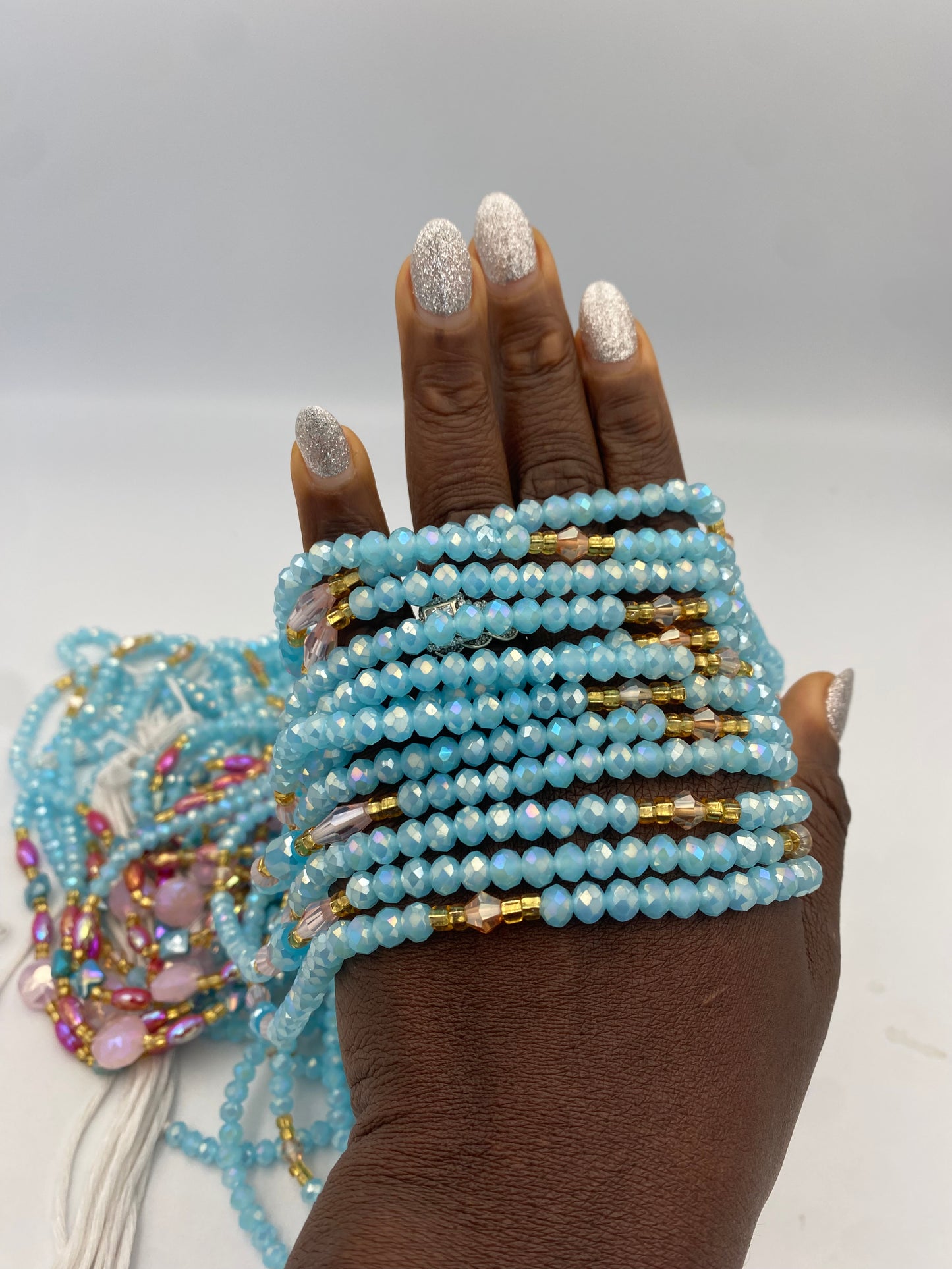 Skylar- Crystal Waist Bead | Waist Beads – Luxury Tie-On Beaded Jewelry | Blue| Body Adornment & Weight Tracking | Sky Blue Waist Bead | Price Per Item | 45–Inches