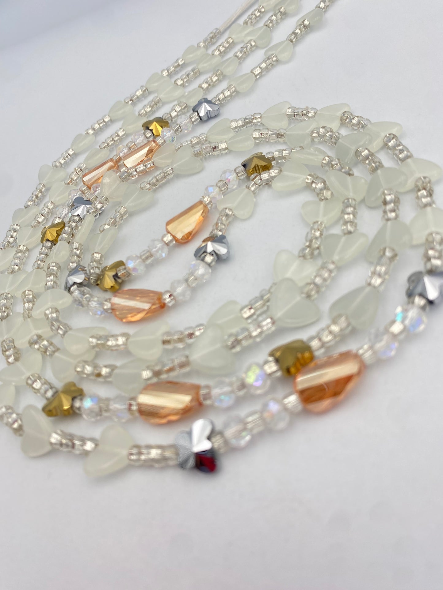 Subtle Glow in the dark Waist Beads- Hearts- Love |  African Waistbeads-Tie On 45"- 50"- Price Per Waist Bead- Add to Cart Now