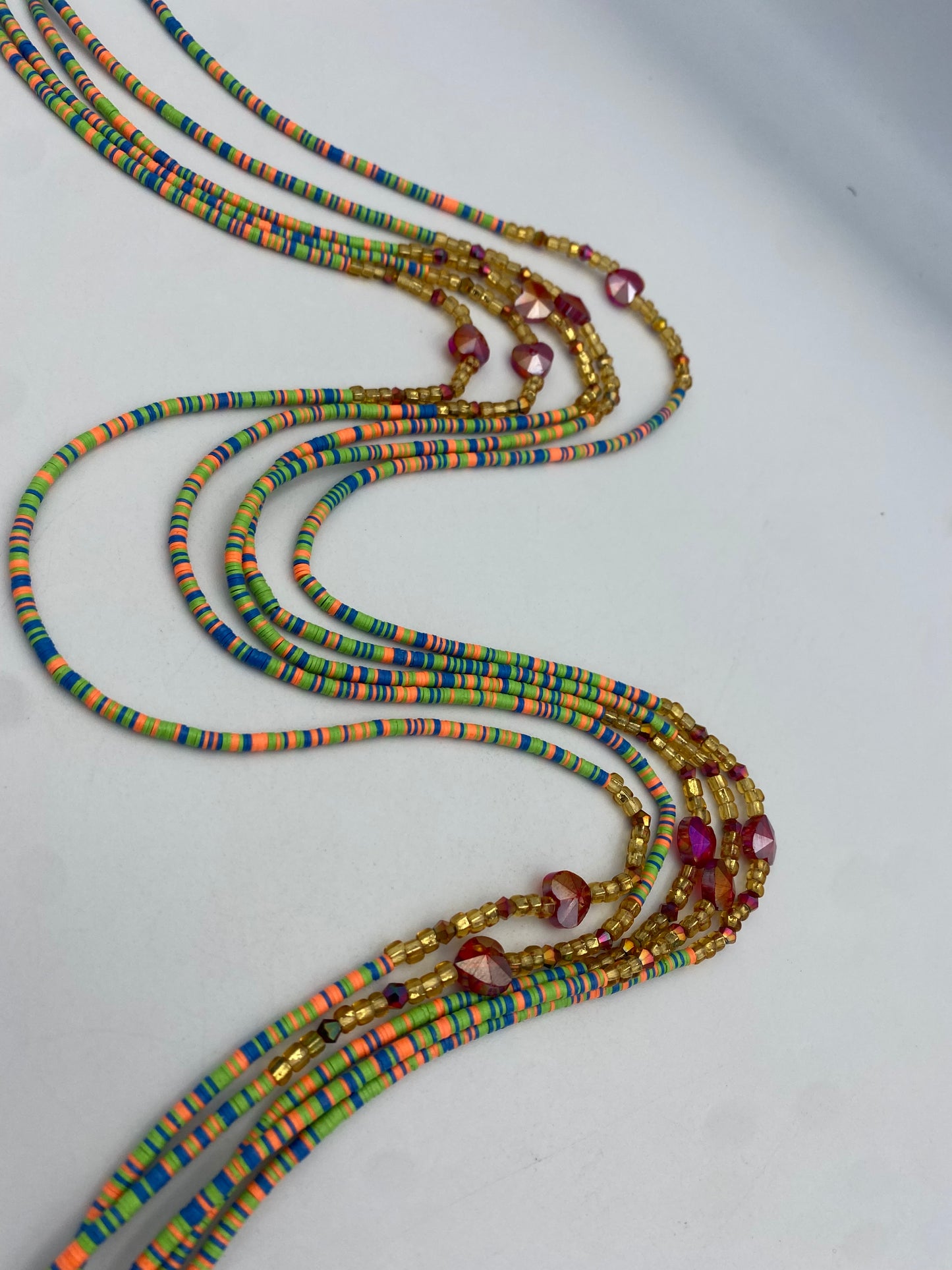 Multicolored | Green Vinyl Flat Disc Waist Bead | Clay Beads African Waist Beads | Adjustable Tie-On 45”–50”