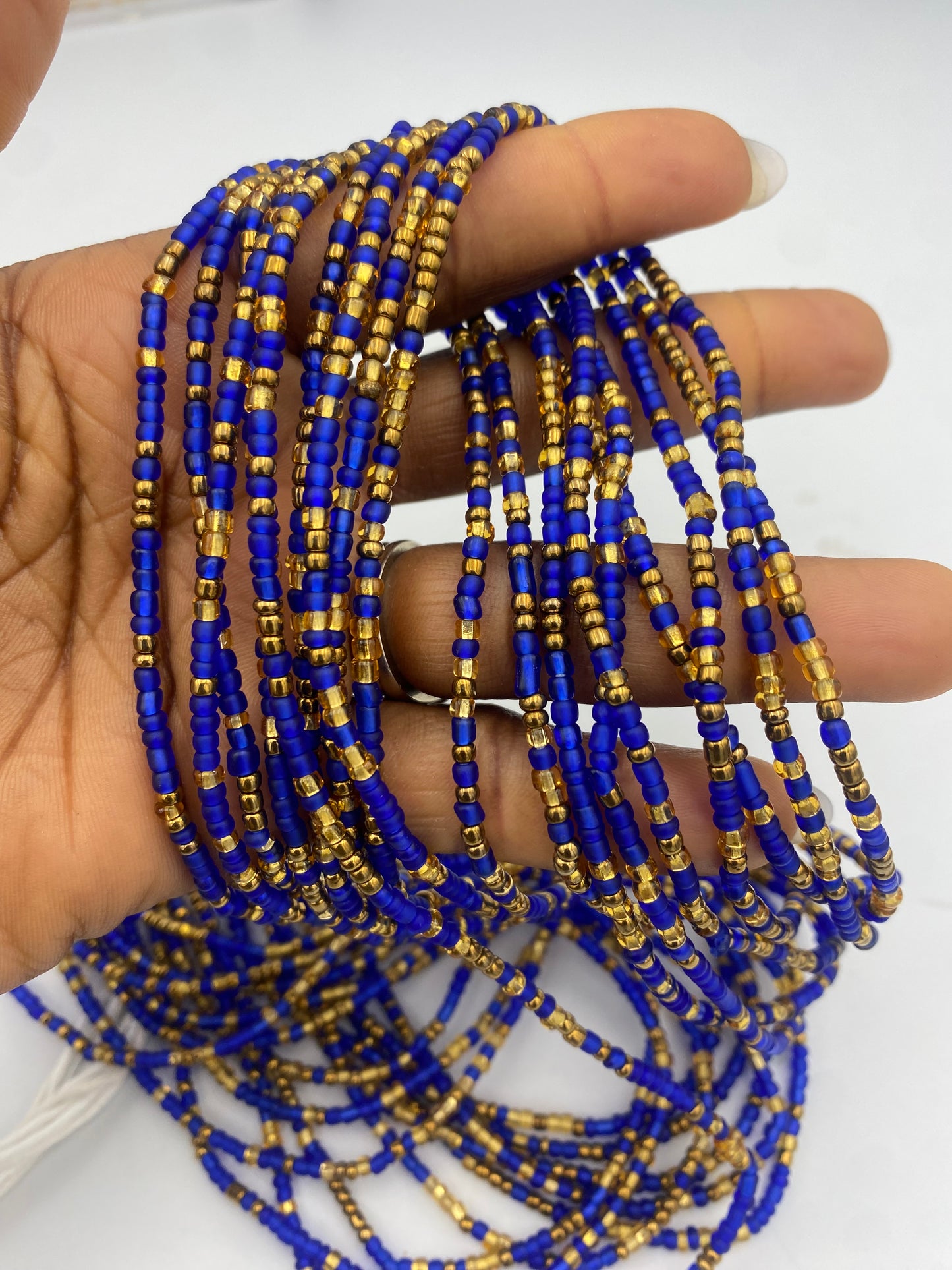 Blue & Bronze Waist Beads – Tie-On- African Waist Bead Strand for Women, 45-50 Inches Adjustable, Body Jewelry for Adornment, Promoting Body Positivty & Weight Managemen