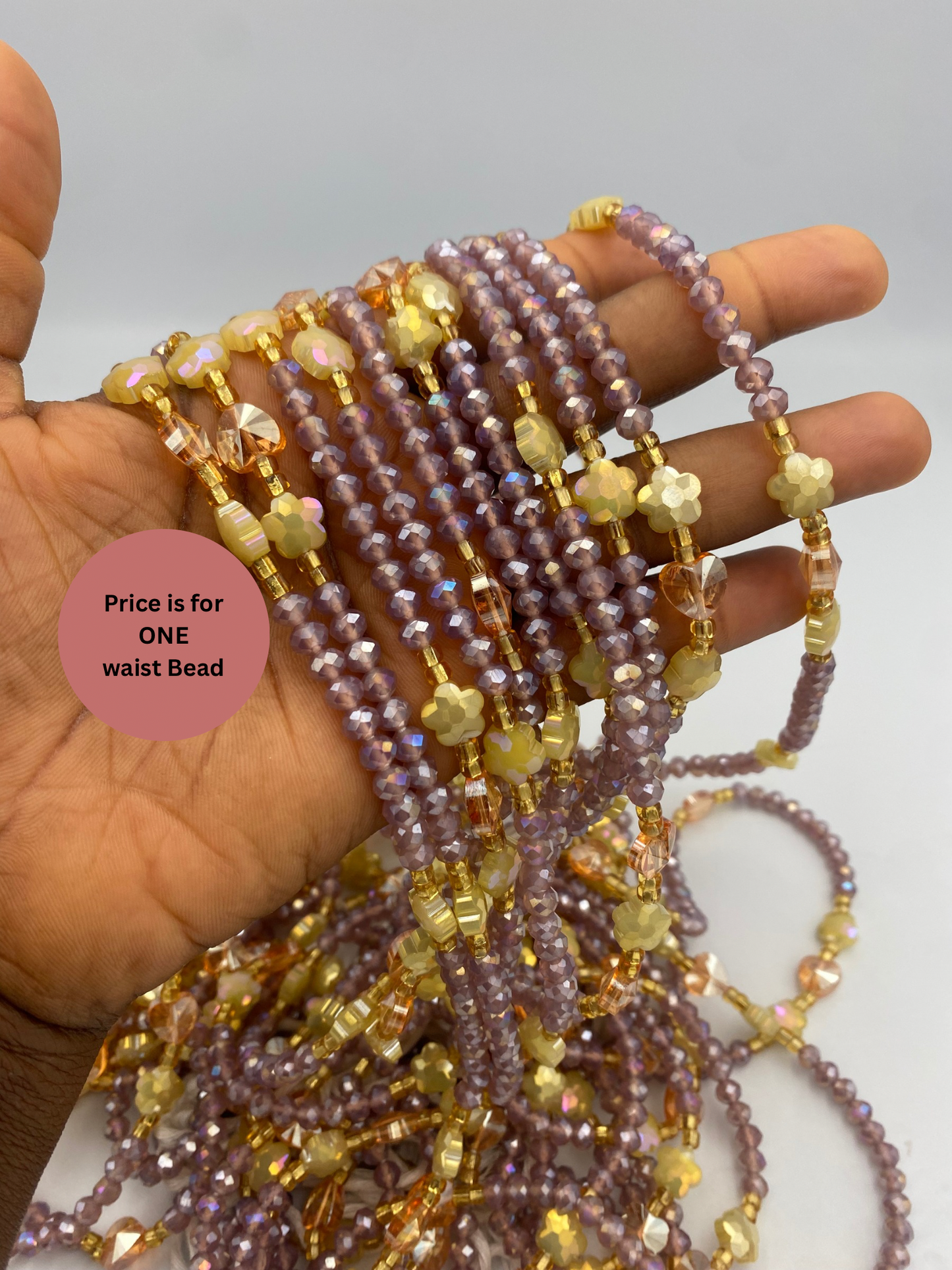 Esther Crystal Waist Beads – Handmade African Waist Beads, Purple & Gold Beaded Jewelry, Tie-On Body Jewelry for Women  Tie on Waist Bead 45”- 50”