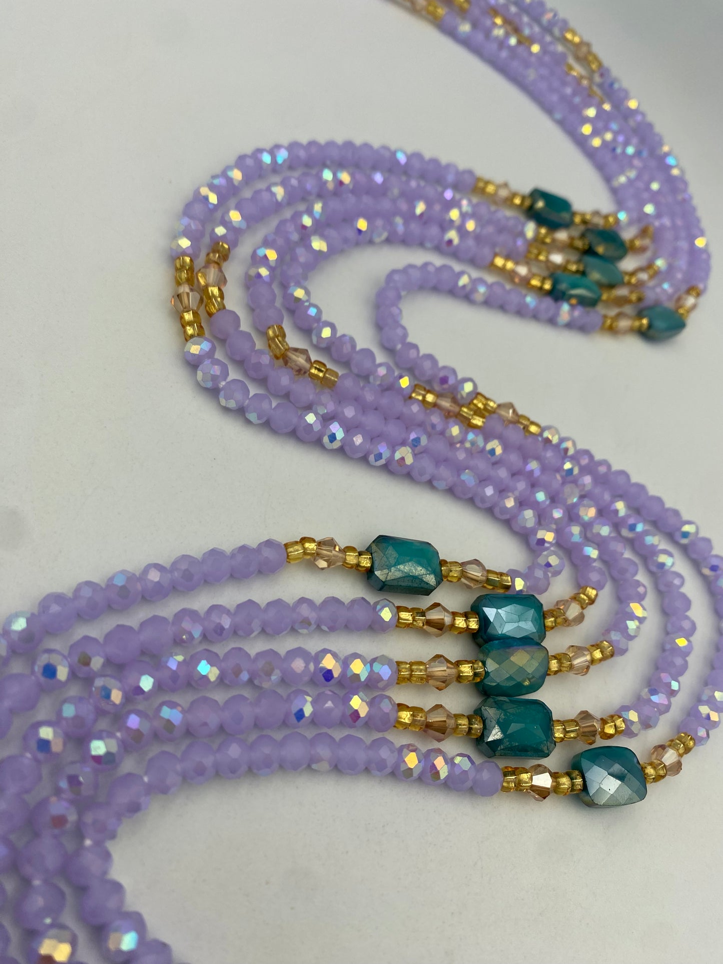 Abby | Lavender- Purple  & Emerald Green| Waist Bead Weightloss |  Waist Beads – Luxury Tie-On Beaded Jewelry | Crystal WaistBead  | Body Adornment & Weight Tracking- 45–Inches