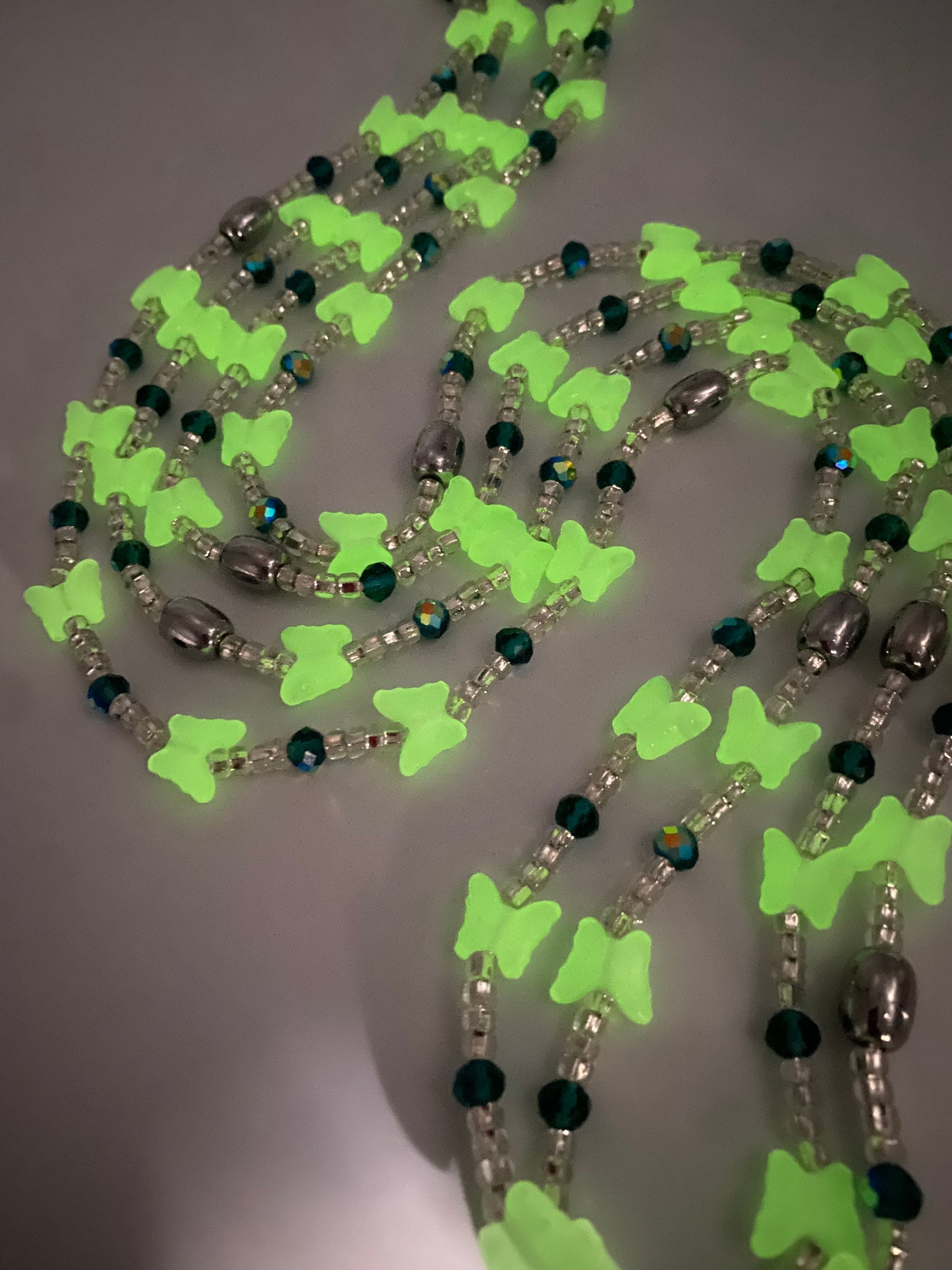 Subtle Glow in the dark Waist Beads- Butterflies|  African Waistbeads-Tie On 45"- 50"- Price Per Waist Bead- Add to Cart Now