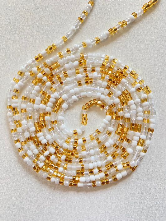 White & Gold ~ Waist Bead Tie on 45"-50"