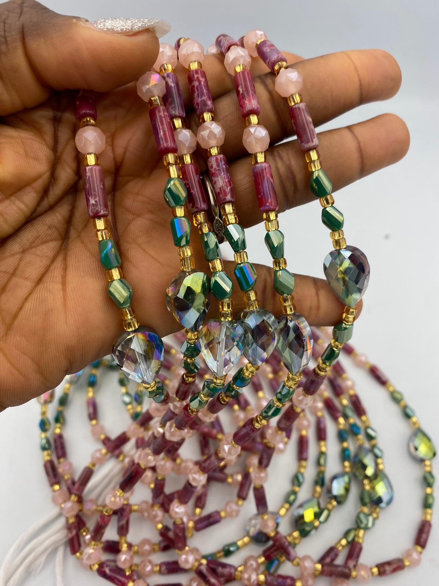 Ruby Rain | Waist Bead for the New Year |  Waist Beads – Luxury Tie-On Beaded Jewelry | Deep Red Emerald Green Pink & Gold | Crystal Waist Bead | Body Adornment & Weight Tracking- 45–Inches