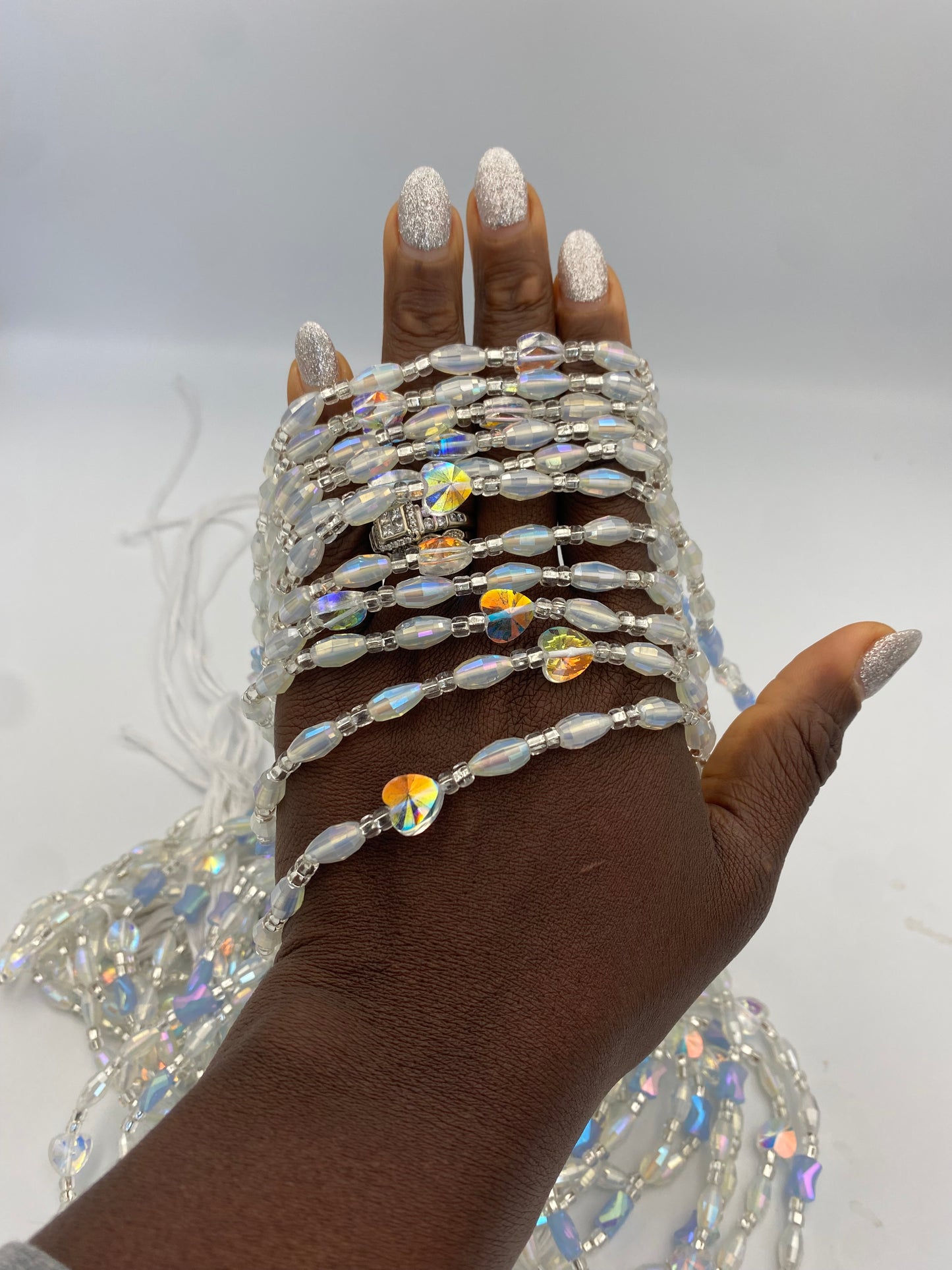 Cloud Mist | Waist Bead for the New Year |  Waist Beads – Luxury Tie-On Beaded Jewelry | Crystal & Silver with Blue | Body Adornment & Weight Tracking- PRice per WaistBead | 45–Inches