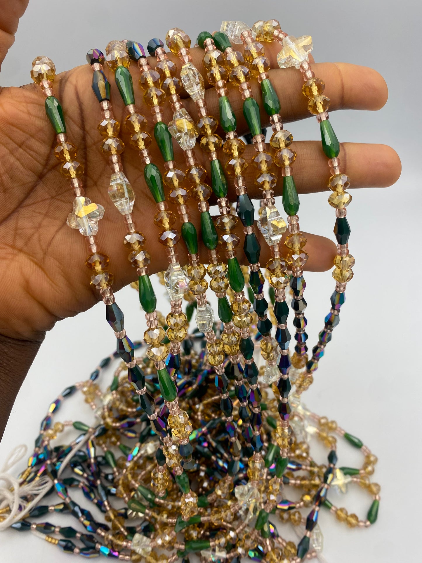 Sena Luxury Waist Beads Tie-On 45-50 Inches | Emerald Green, Gold & Crystal Waist Beads | Regal Handmade Waist Jewelry for Women