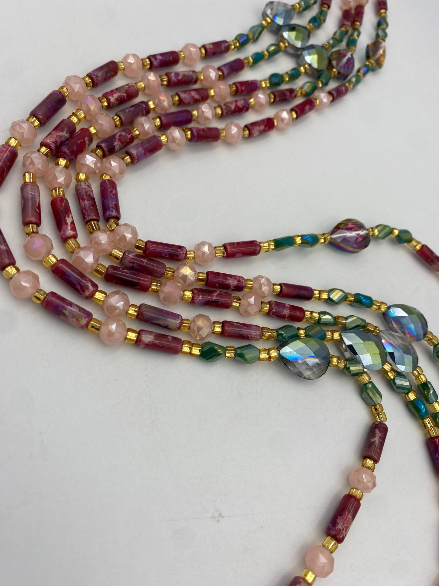 Ruby Rain | Waist Bead for the New Year |  Waist Beads – Luxury Tie-On Beaded Jewelry | Deep Red Emerald Green Pink & Gold | Crystal Waist Bead | Body Adornment & Weight Tracking- 45–Inches