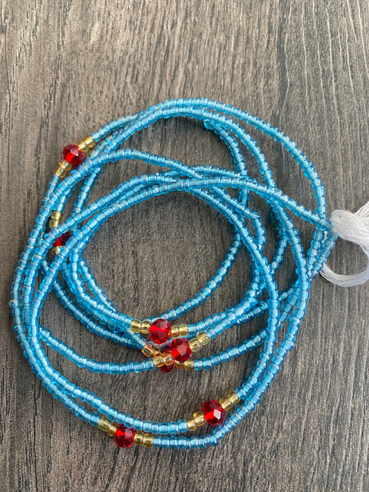 Blue Waist Bead with Red Crystals