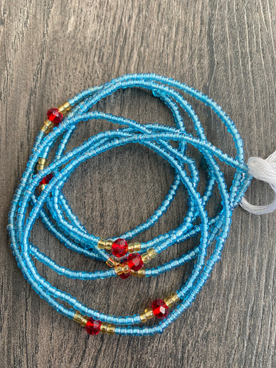 Blue Waist Bead with Red Crystals